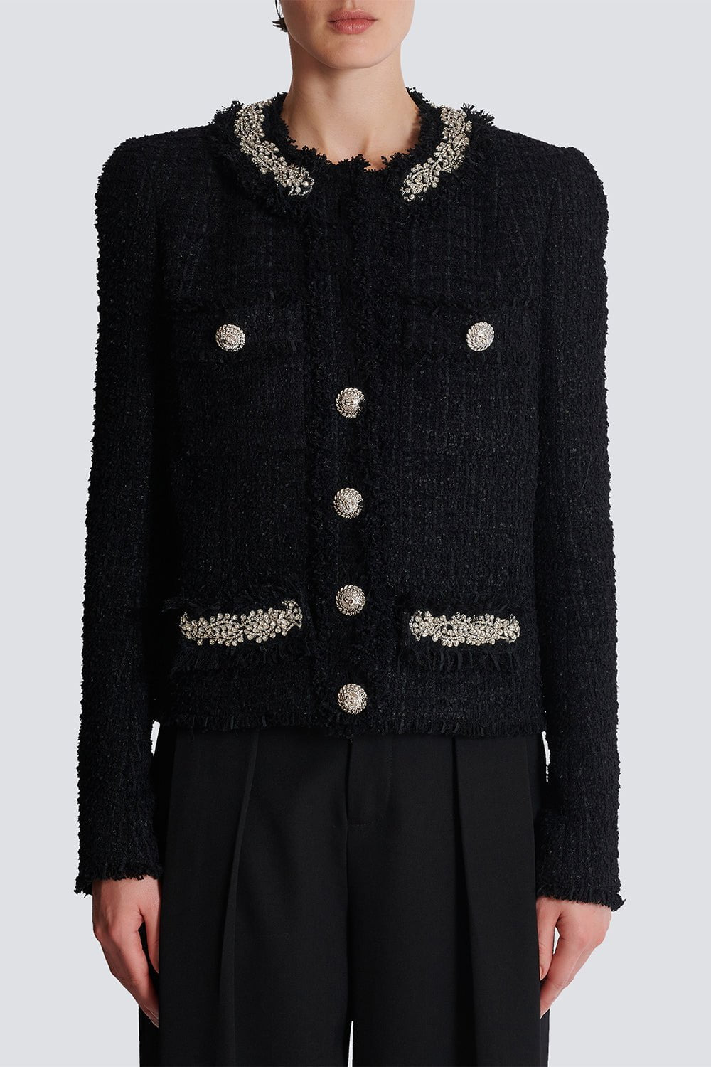 Embellished Collarless Side To Side Jacket - 4