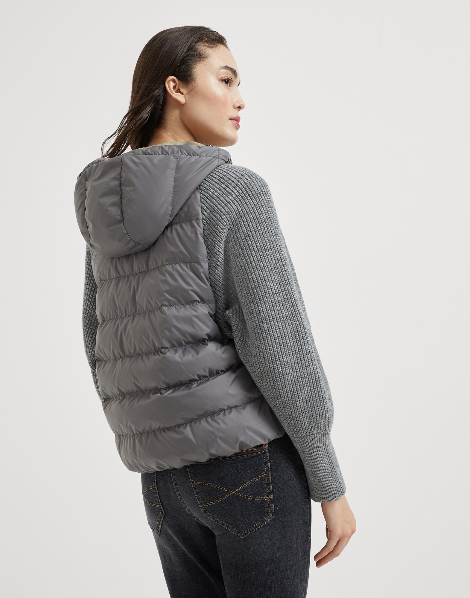 Water-resistant matte nylon hooded down jacket with monili and sleeves in virgin wool, cashmere and  - 2