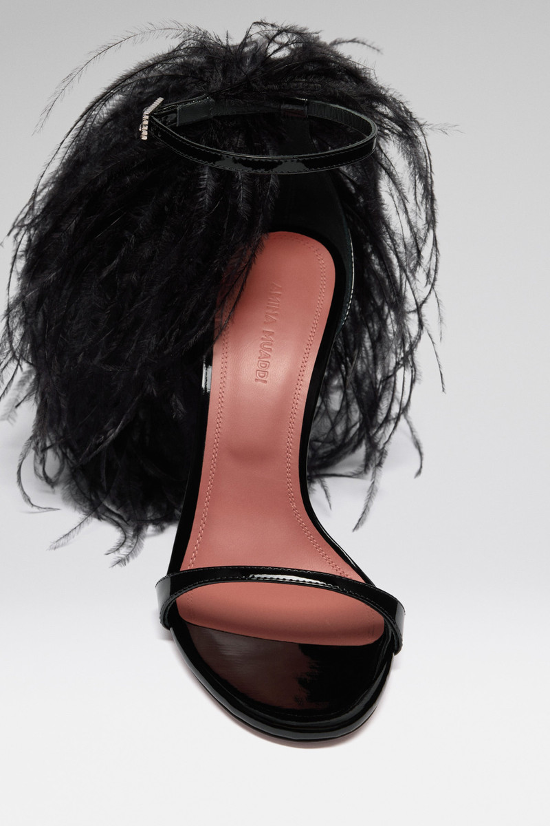 Amina Muaddi JERRY SANDAL 105 BLACK PATENT AND BLACK FEATHERS outlook