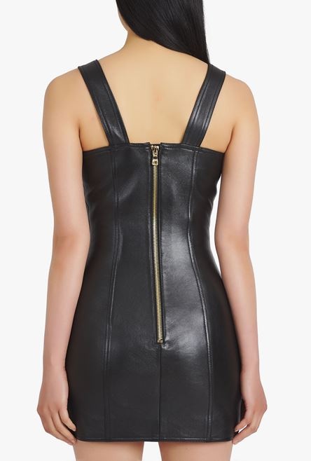 Short black leather overall dress - 9