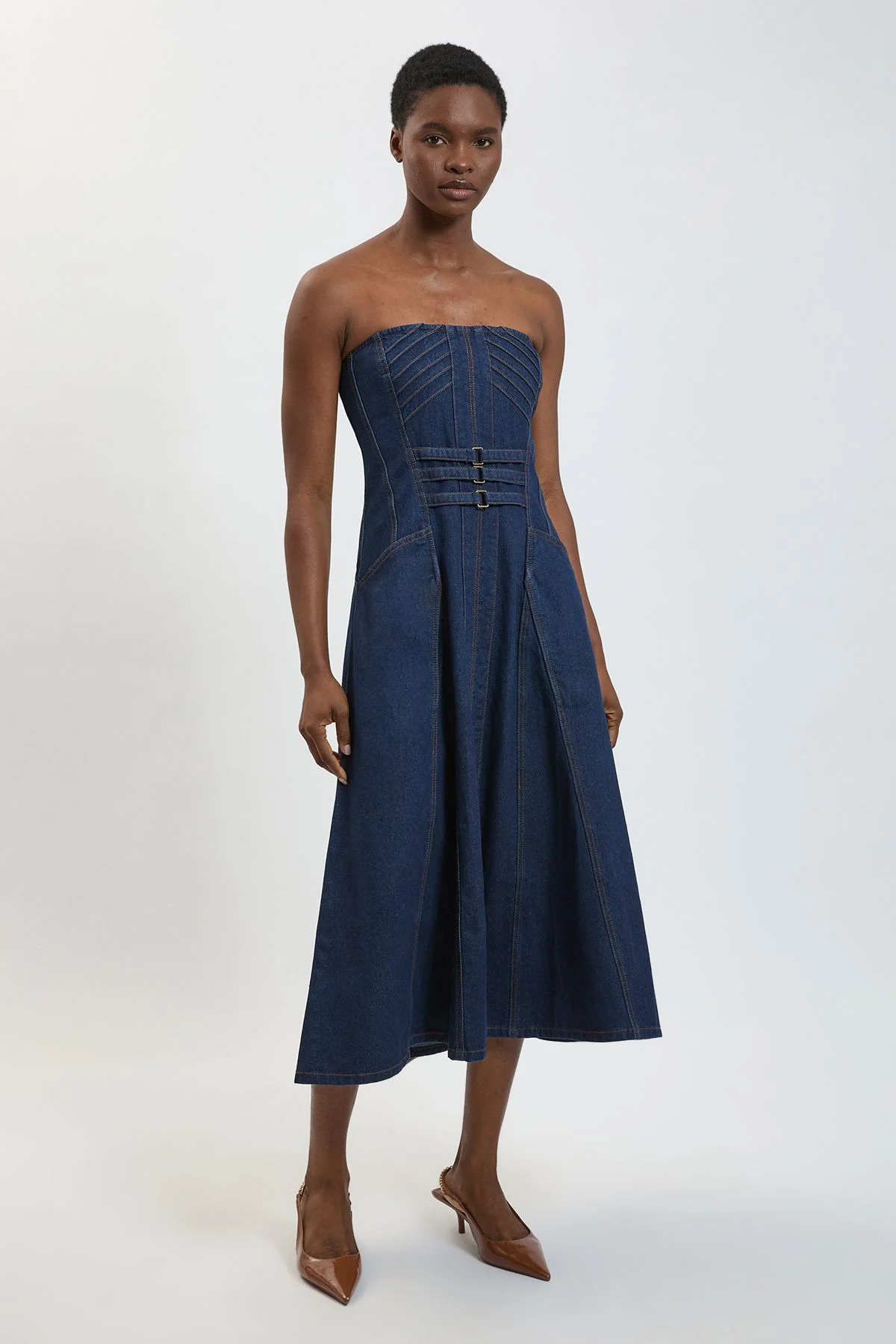 Denim Bandeau Corset Detail Midi Dress - 1