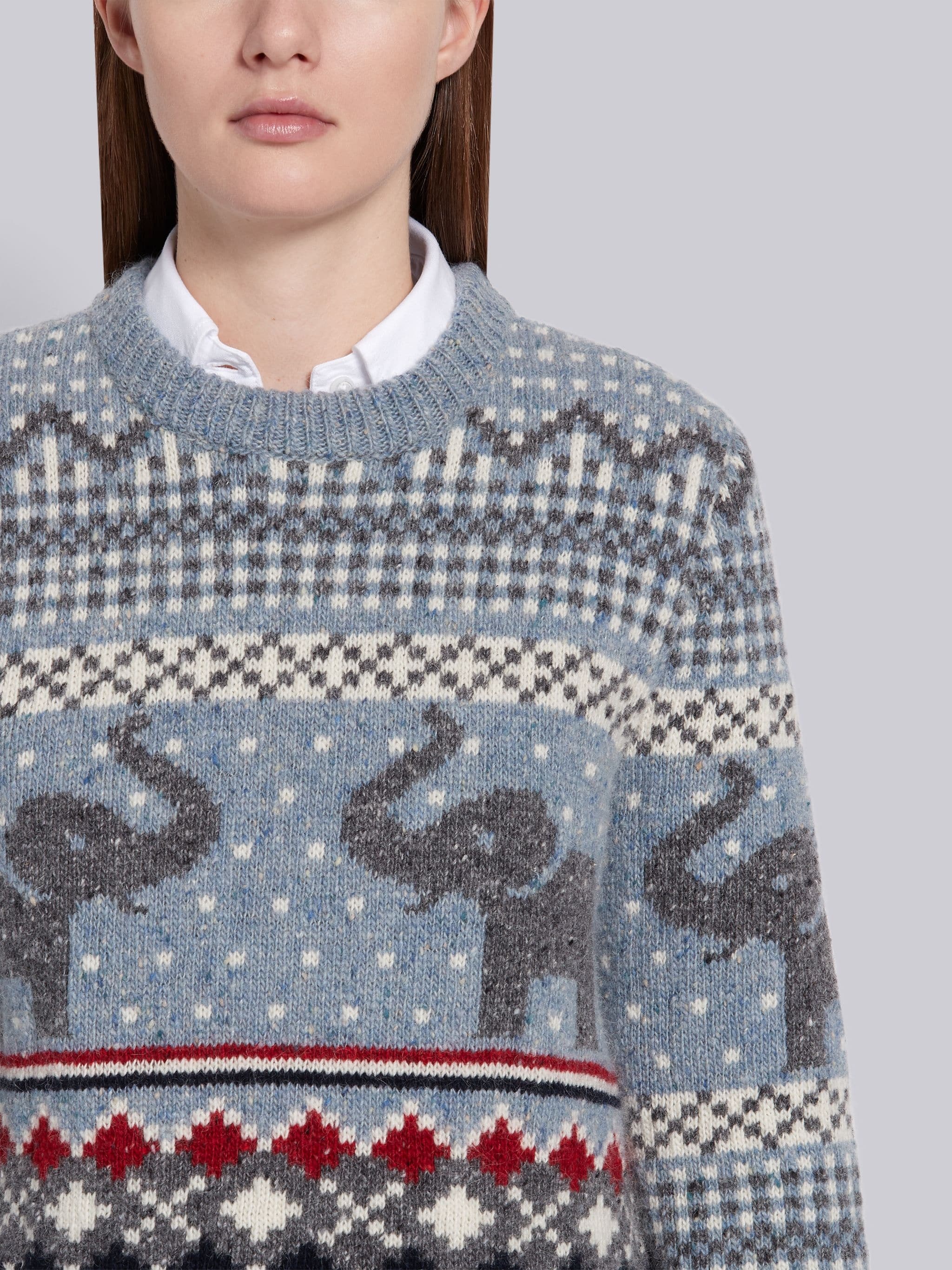 Light Blue Mohair Wool Elephant Icon Fair Isle Crewneck Pullover - 5