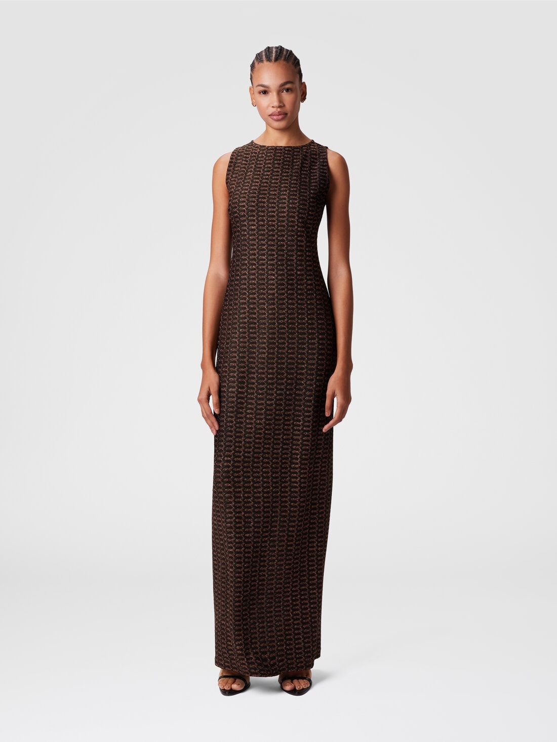 Long sleeveless dress in lamé viscose with lace motif - 2