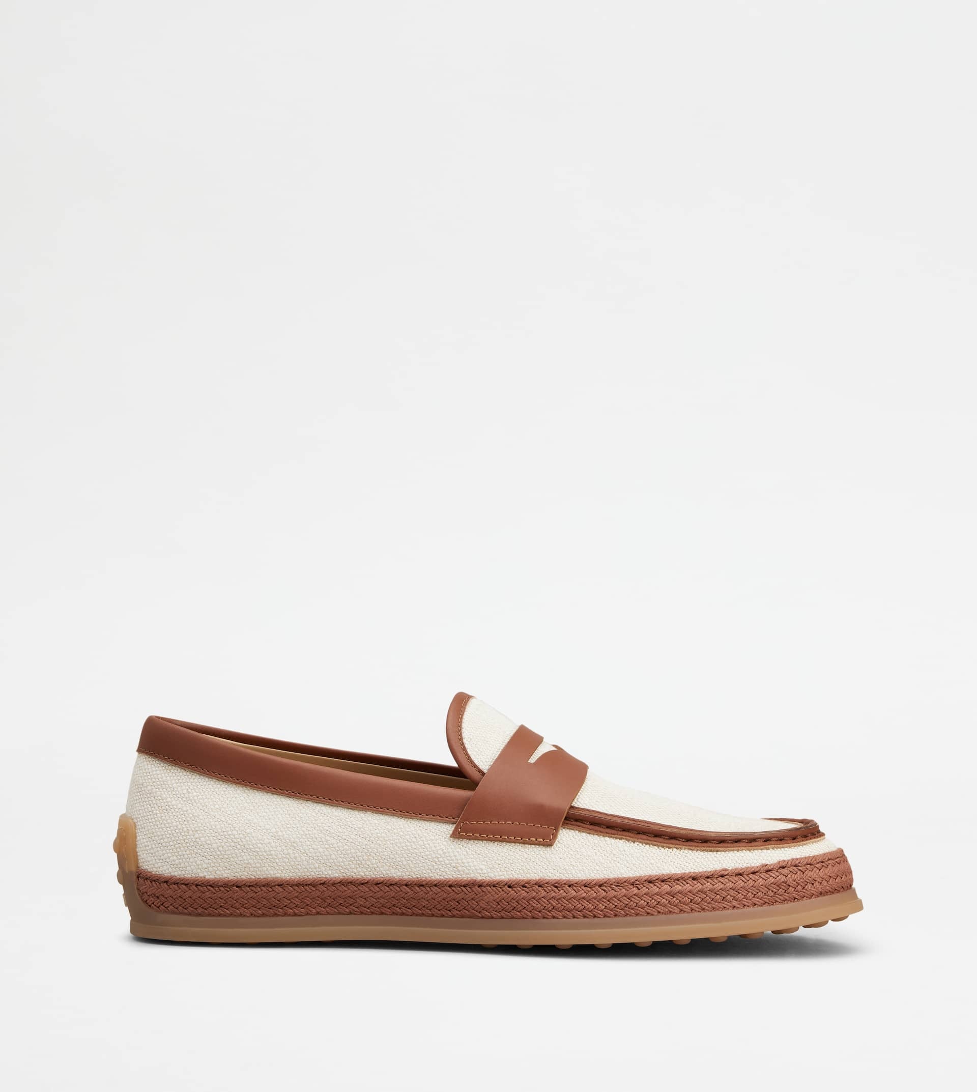 LOAFERS IN CANVAS AND LEATHER - OFF WHITE, BROWN - 1