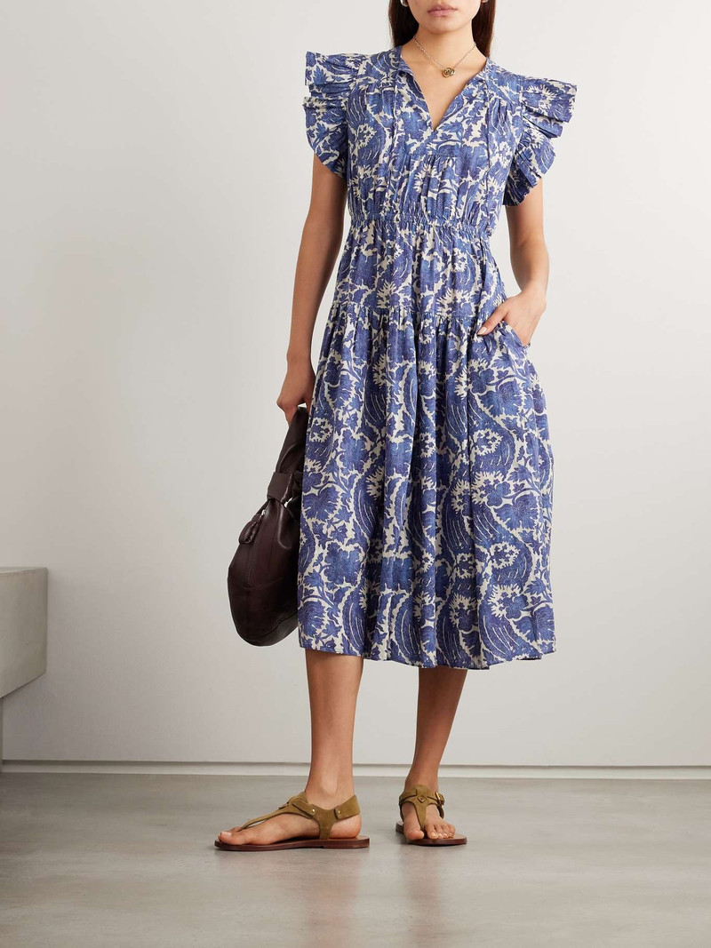 ULLA JOHNSON Kairi ruffled tiered floral-print cotton-blend midi dress Blue outlook