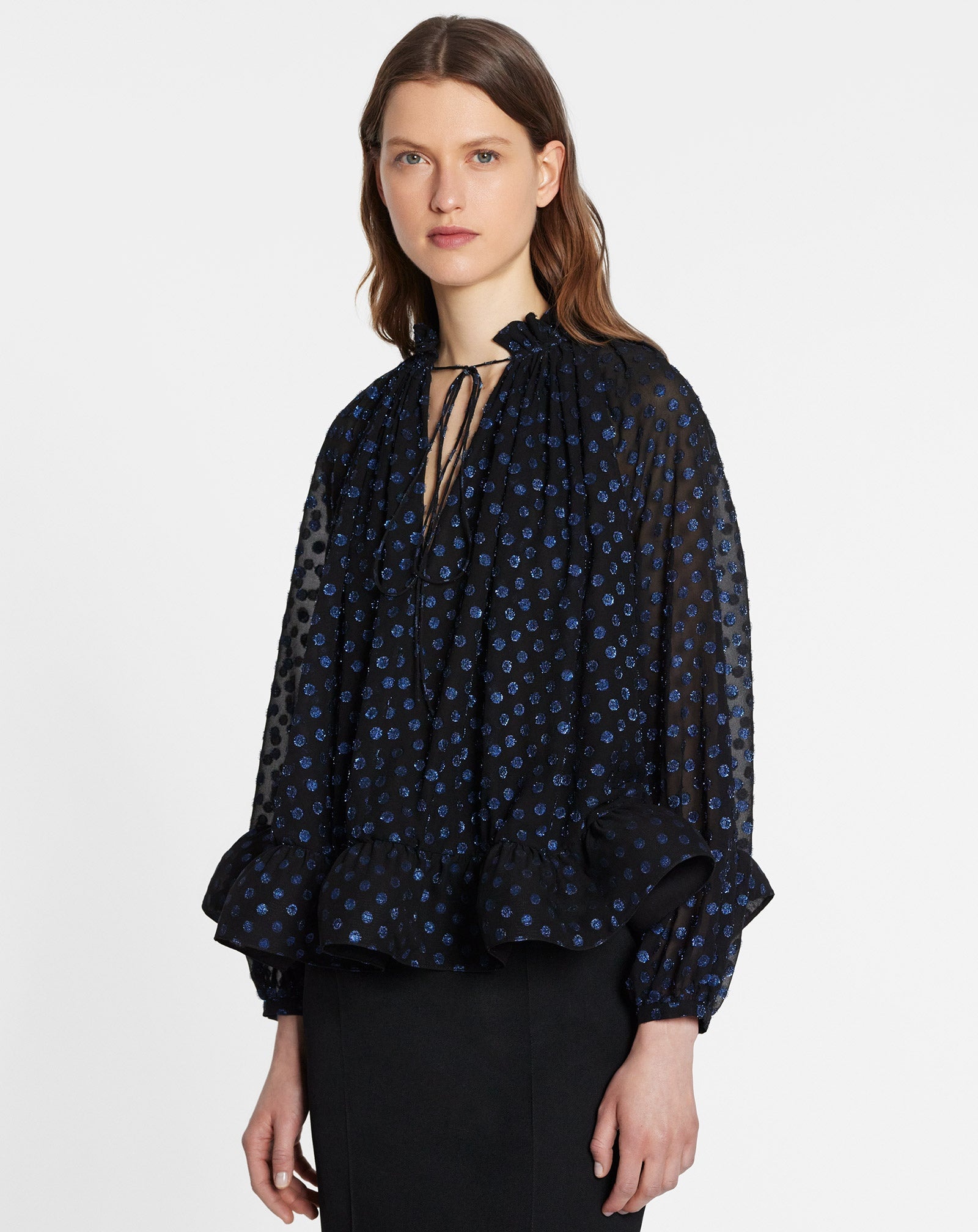 LONG SLEEVE PRINTED CHARMEUSE BLOUSE - 3