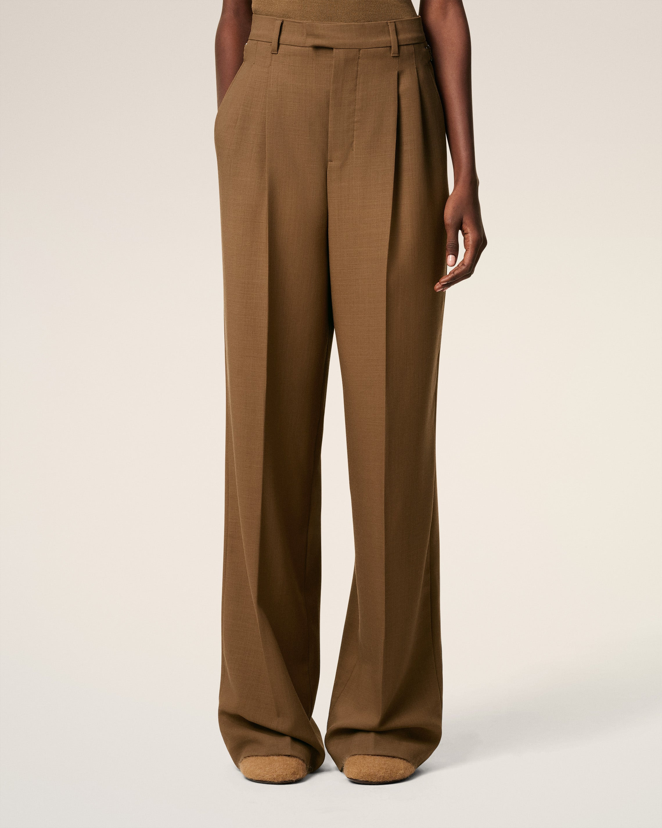 BROWN WOOL HIGH WAIST TABS WIDE TROUSERS - 3
