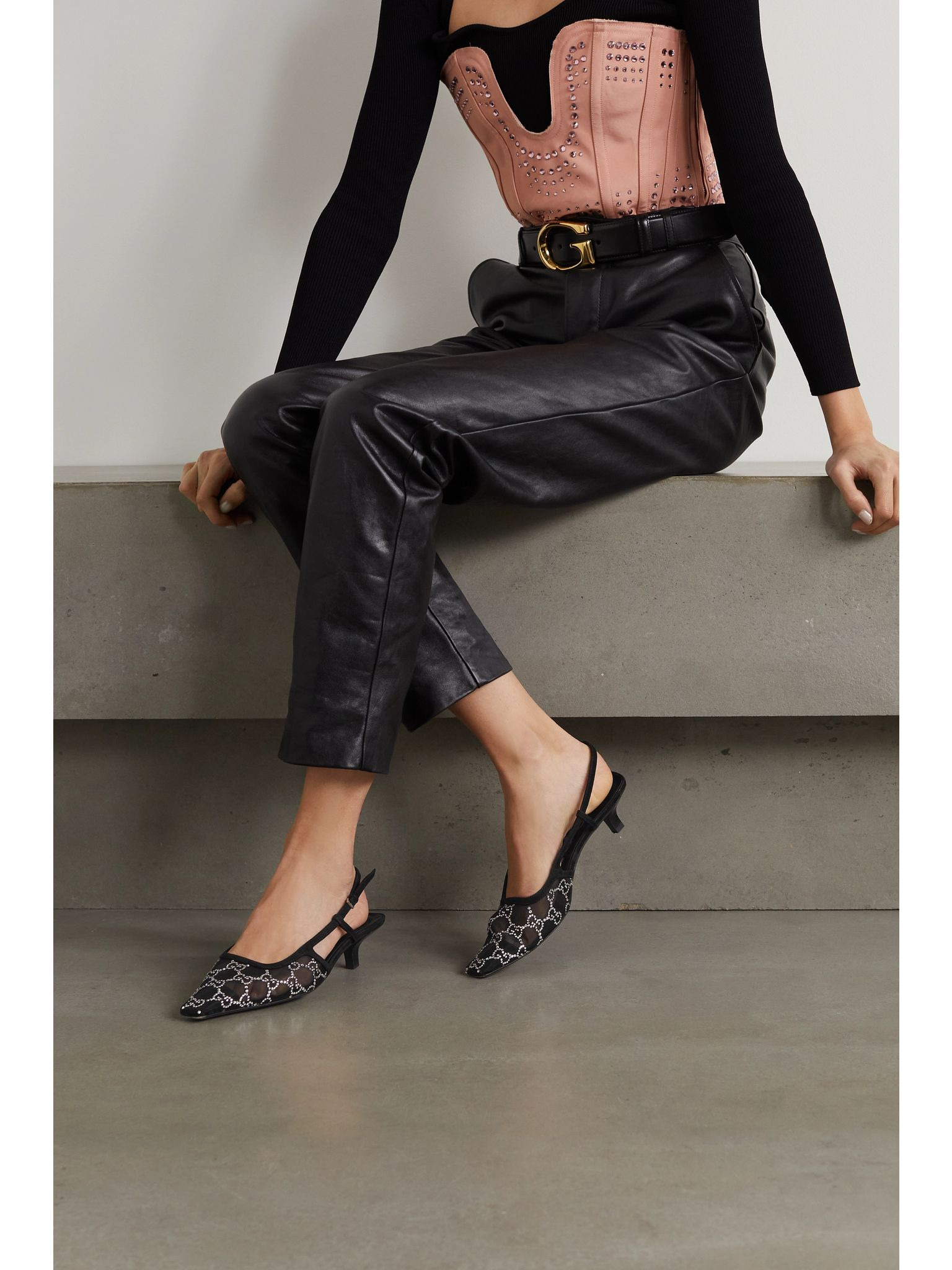 Demi suede-trimmed crystal-embellished mesh slingback pumps Black - 2