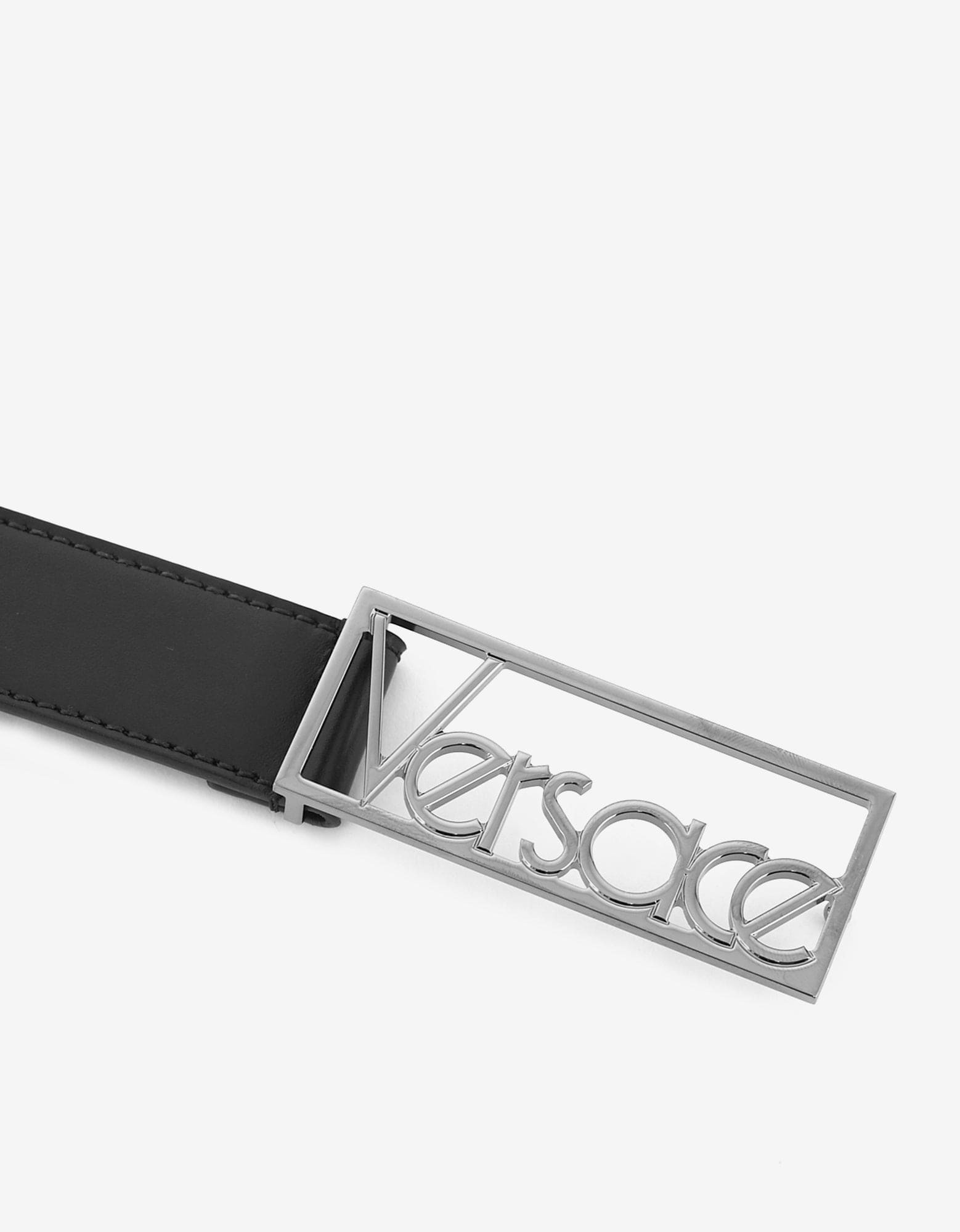 Versace Black Leather Belt with Silver Vintage Logo Buckle - 3