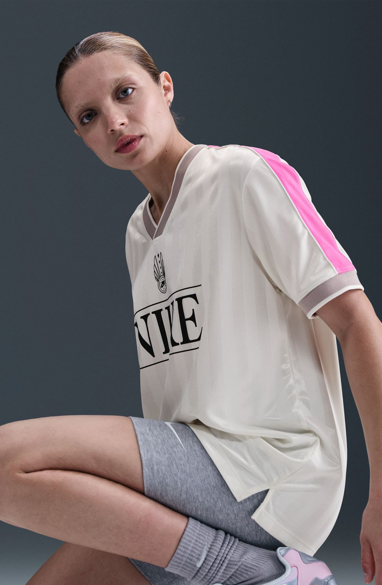 Nike Sportswear V-Neck Graphic Jersey in Sail/Pink/Grey/Black at Nordstrom - 7