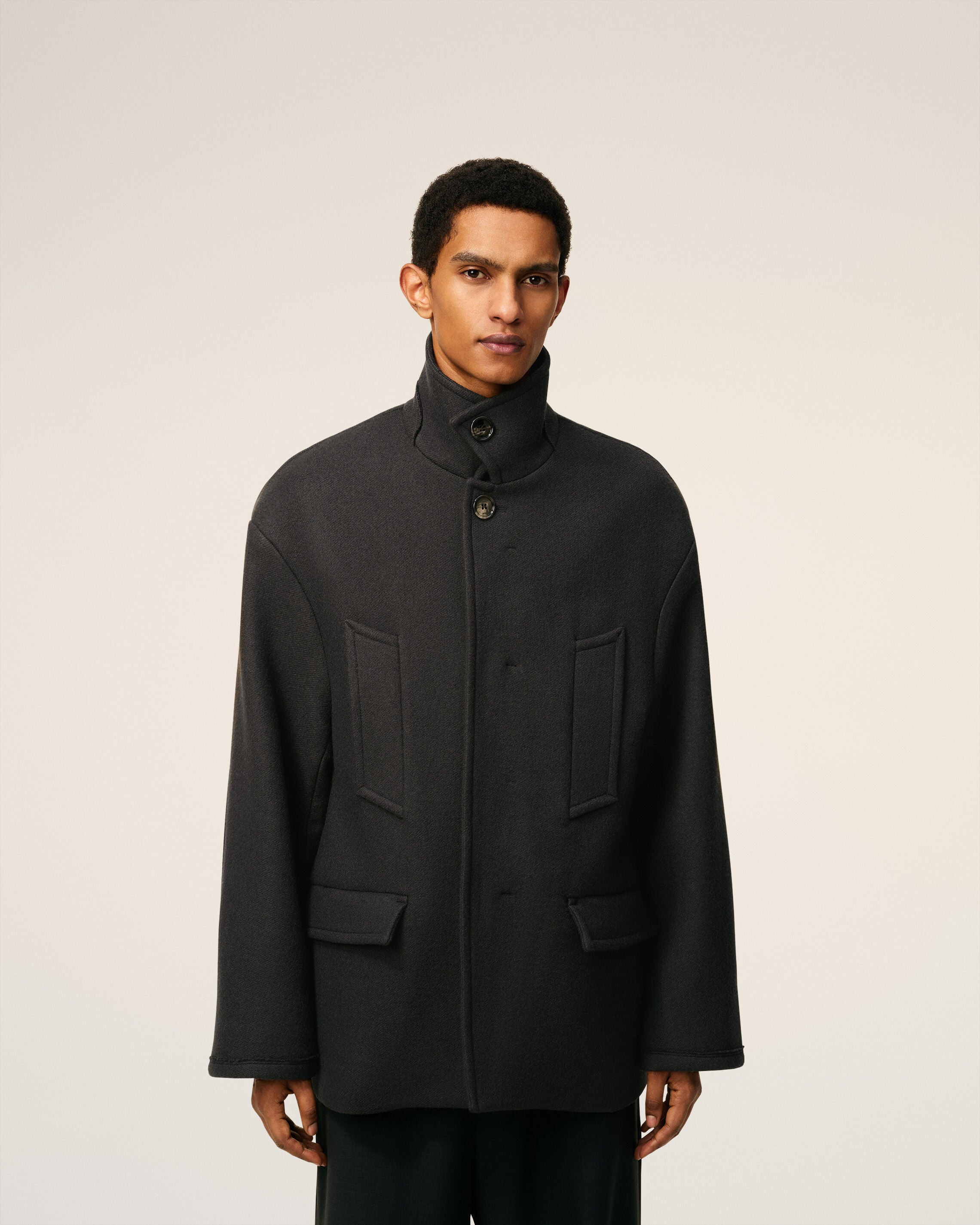 BLACK WOOL OVERSIZED HIGH COLLAR PEA COAT - 3