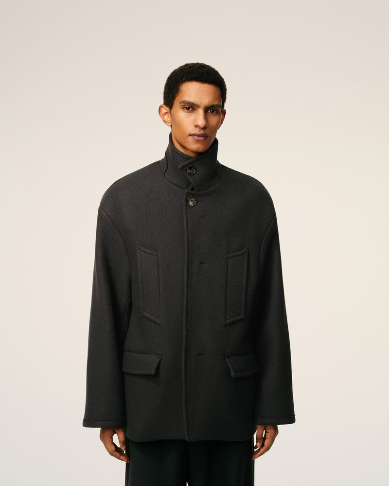 BLACK WOOL OVERSIZED HIGH COLLAR PEA COAT 3