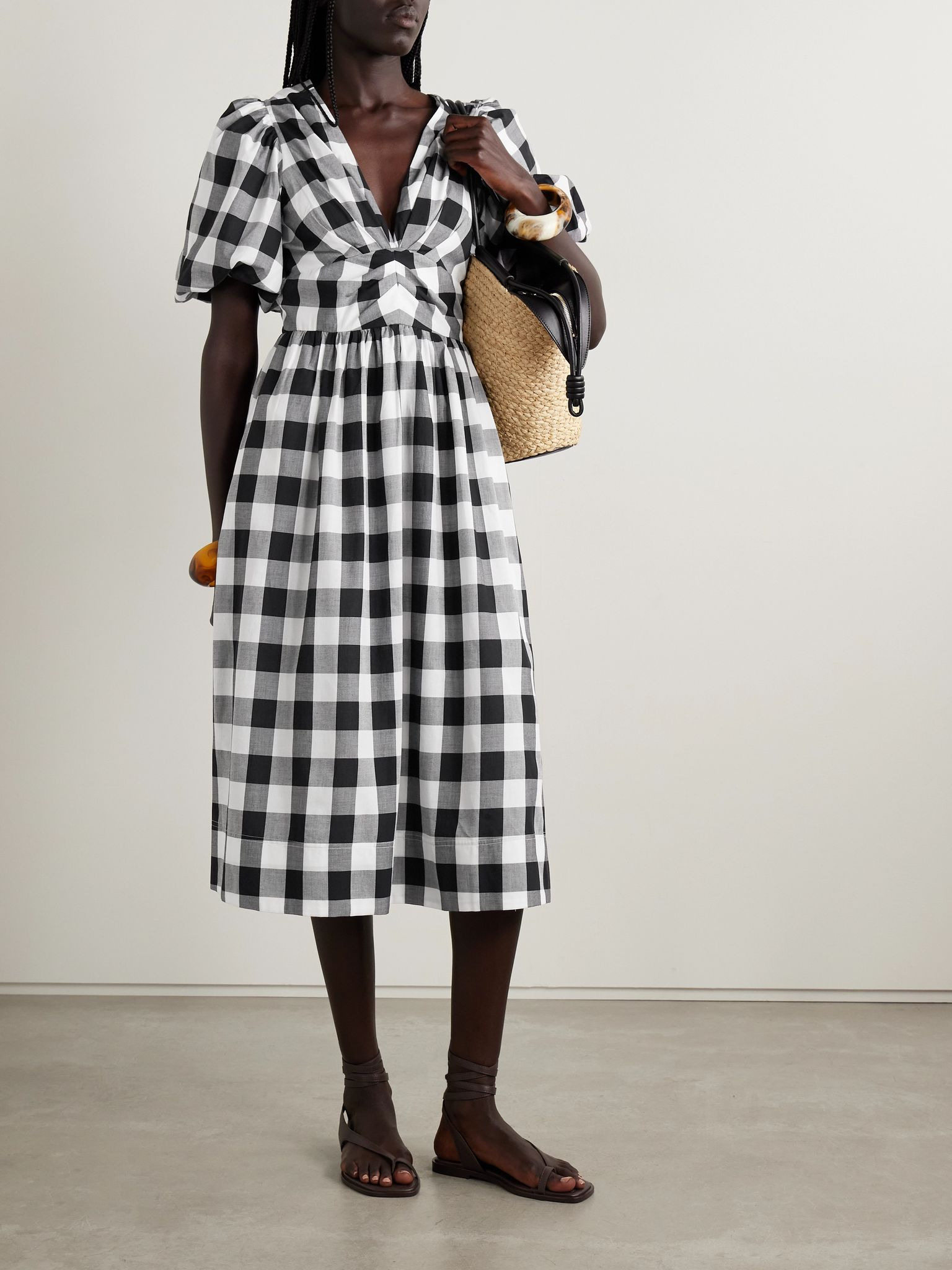 Gathered gingham cotton-poplin midi dress Multi - 2