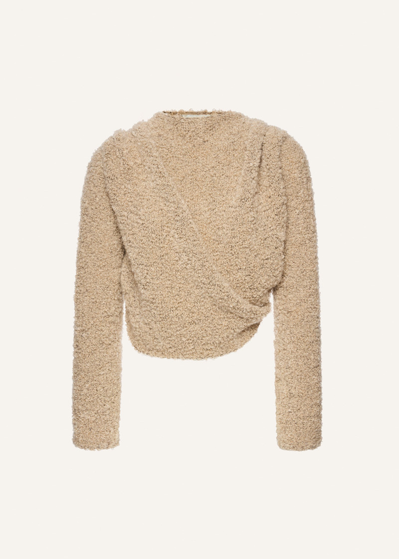 Bouclé draped knit top in beige 1