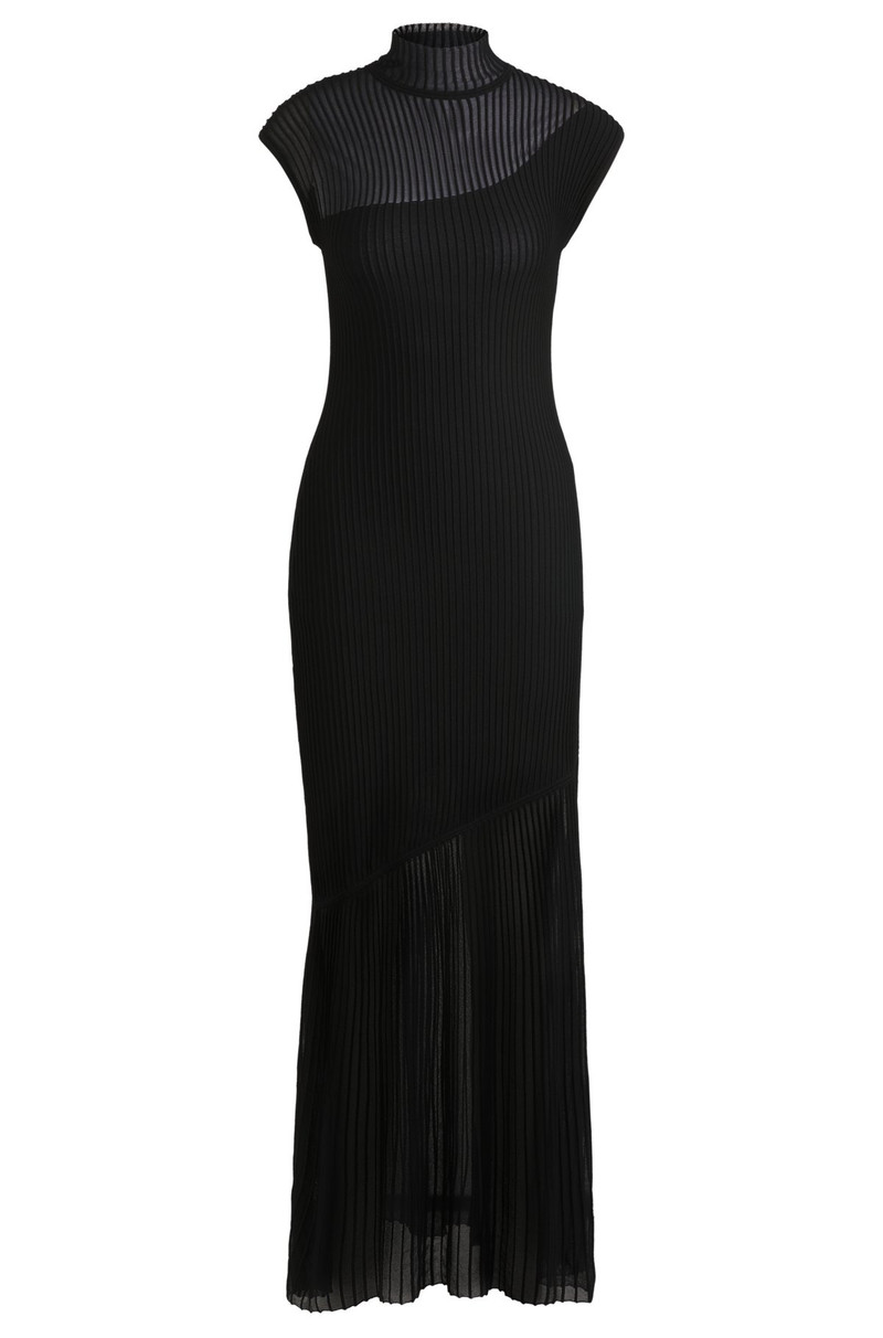 MOCK-NECK RIBBED CREPE MIDI DRESS WITH SHEER SECTIONS 1