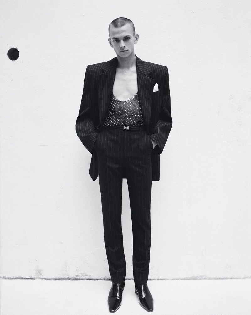 SAINT LAURENT high-waisted pants in pinstripe wool felt outlook