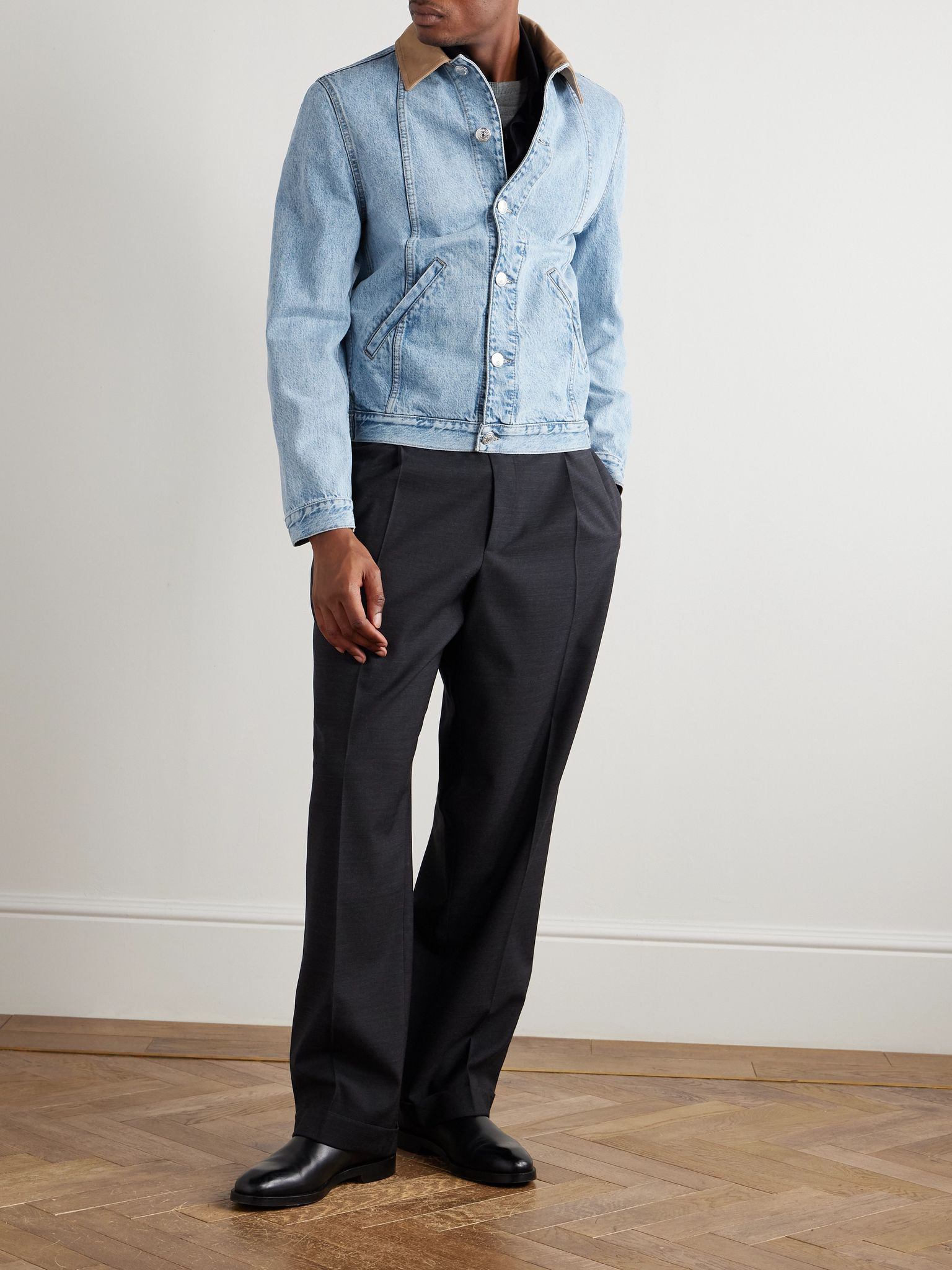 Slim-Fit Suede-Trimmed Denim Jacket Blue - 2
