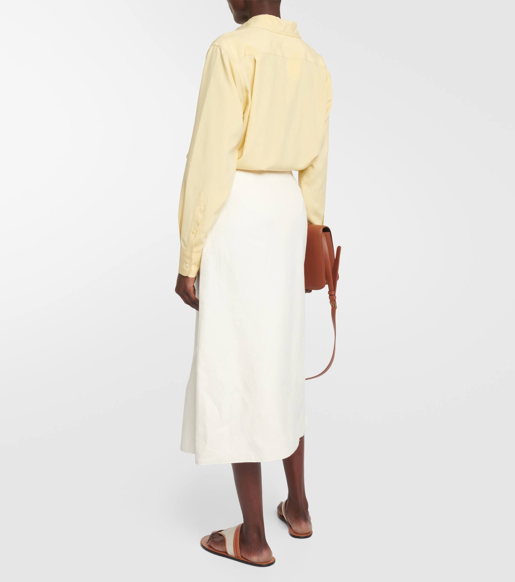 Leather-trimmed linen-blend midi skirt - 3