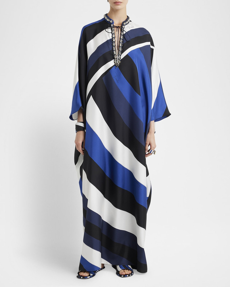 Iride-Print Crystal Neck-Tie Silk Twill Maxi Kaftan Dress 1