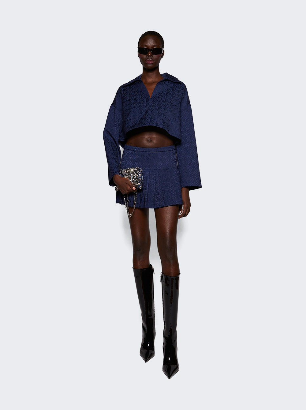 Moon Diamond Jacquard Tailoring Pleated Skirt Navy - 2
