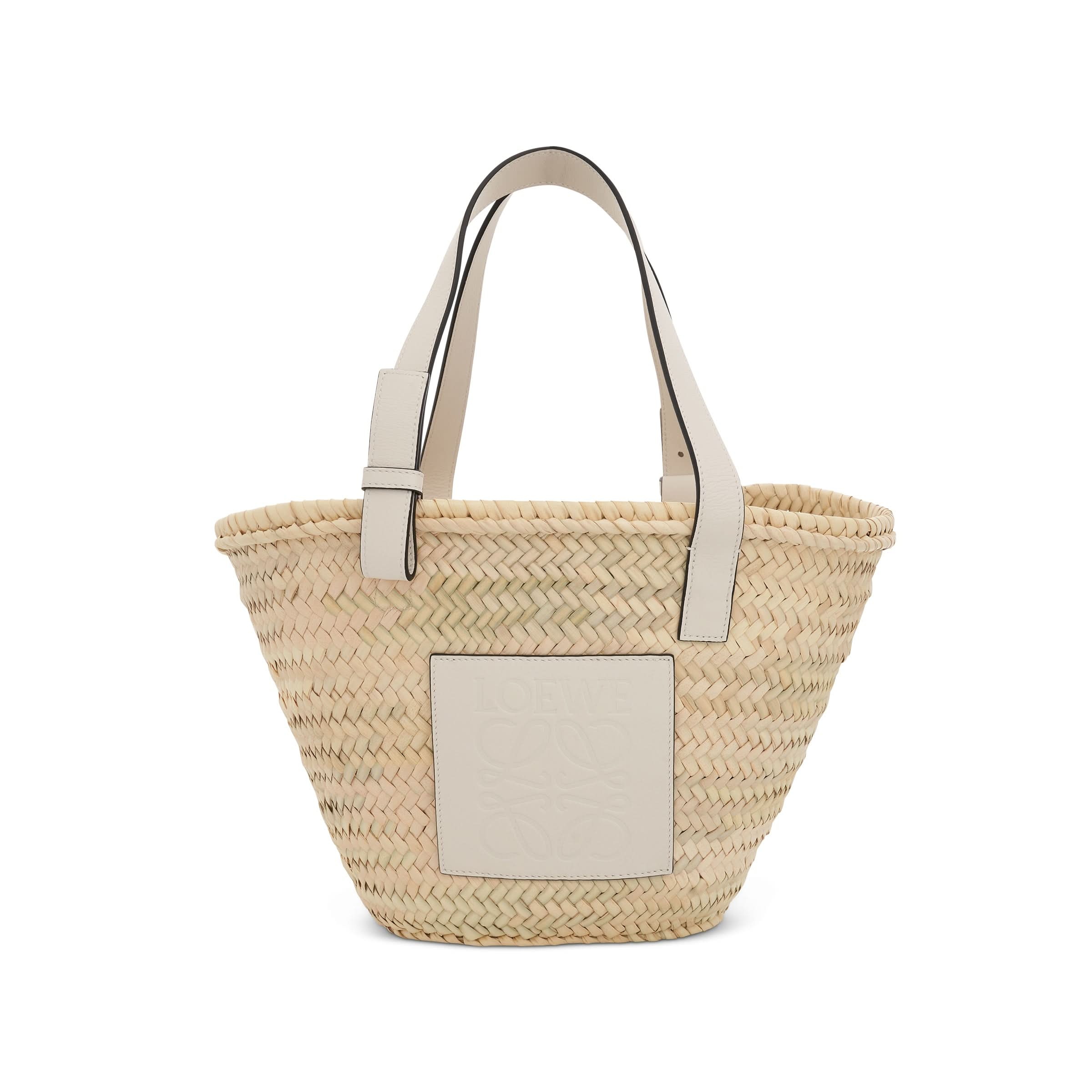 Medium Palm Leaf and Calfskin Basket Bag in Natural/White - 1