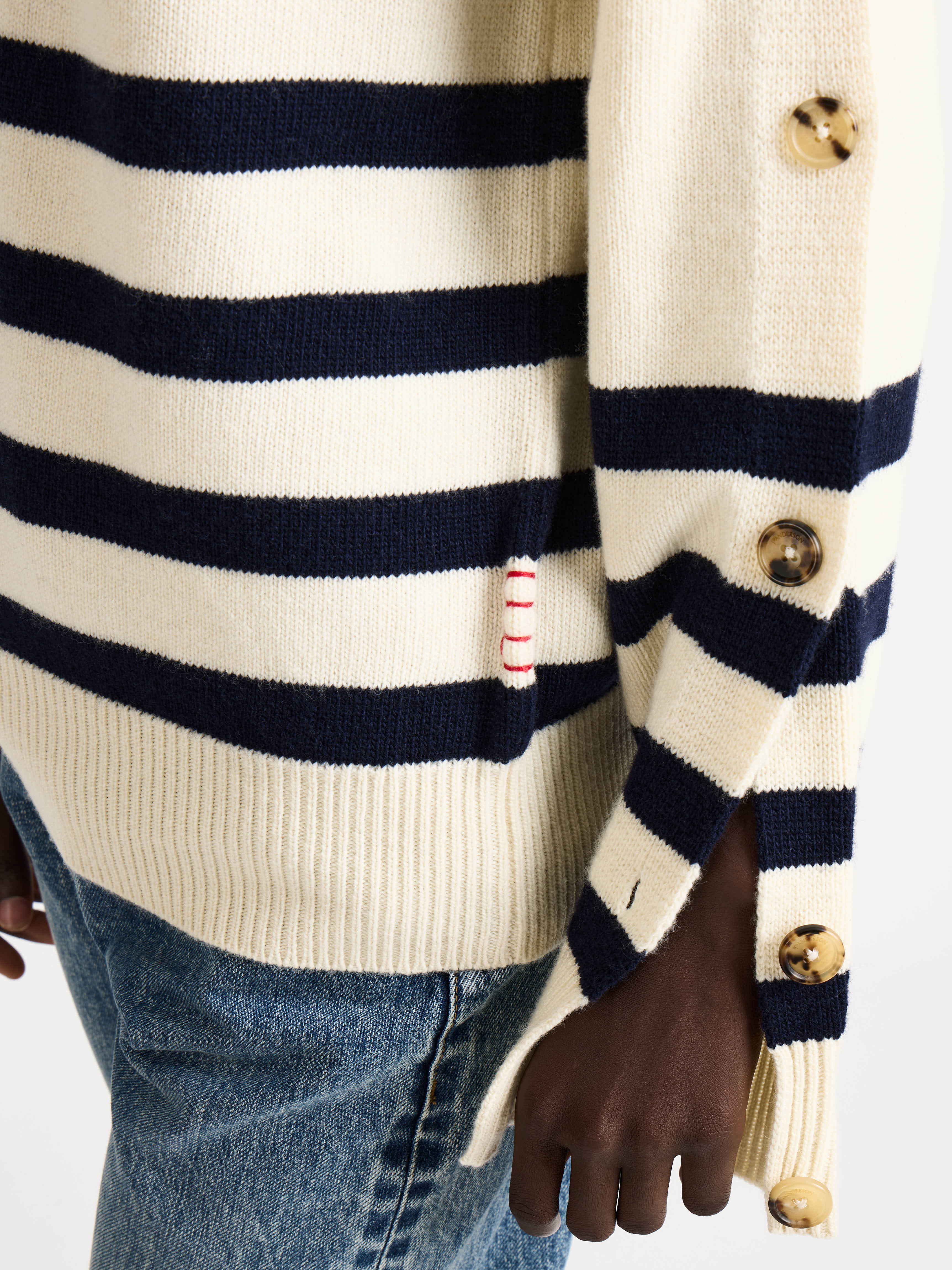 BUTTONED SLEEVE BRETON JUMPER IN IVORY - 6
