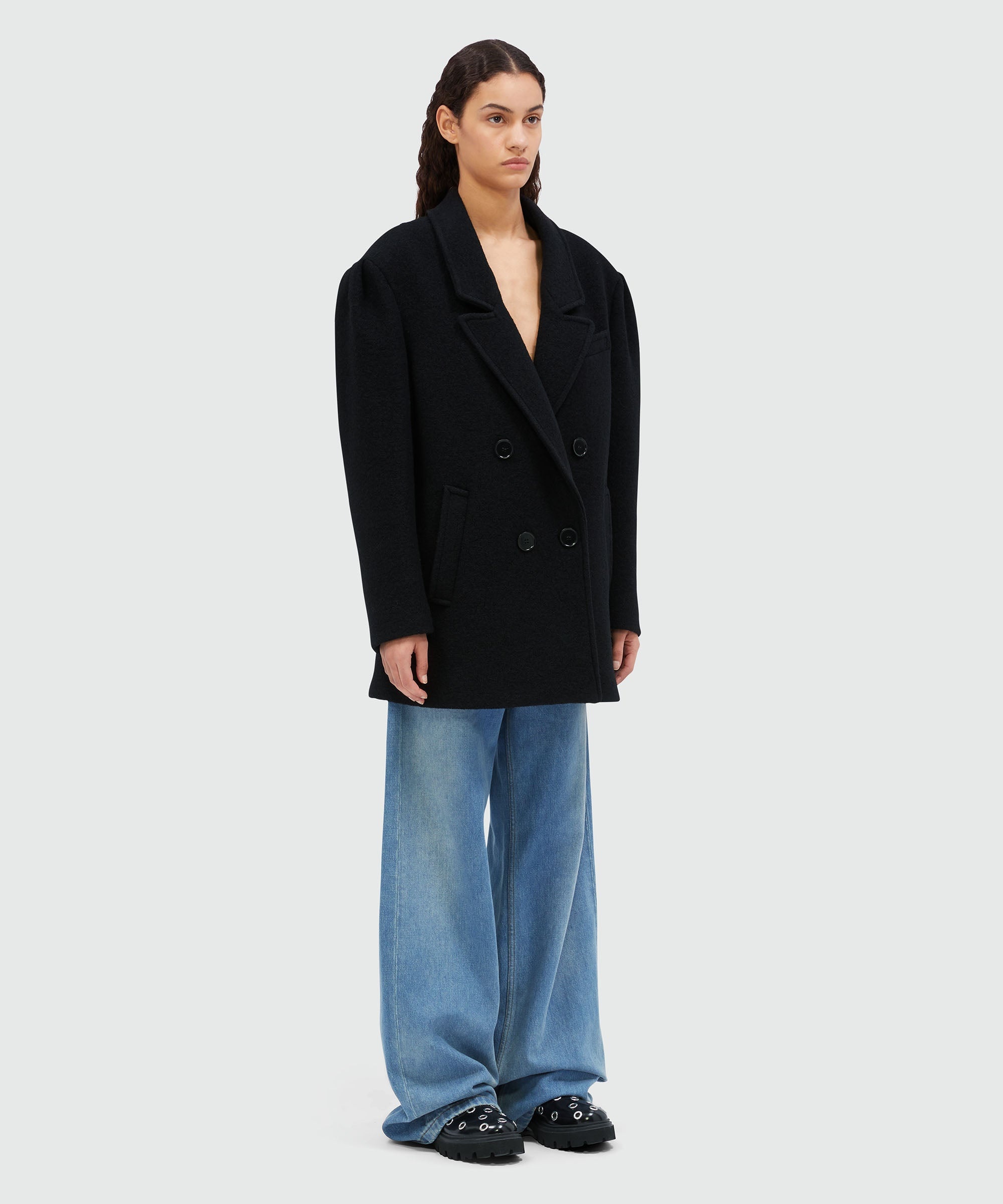 Black double-breasted bouclé wool pea coat - 4
