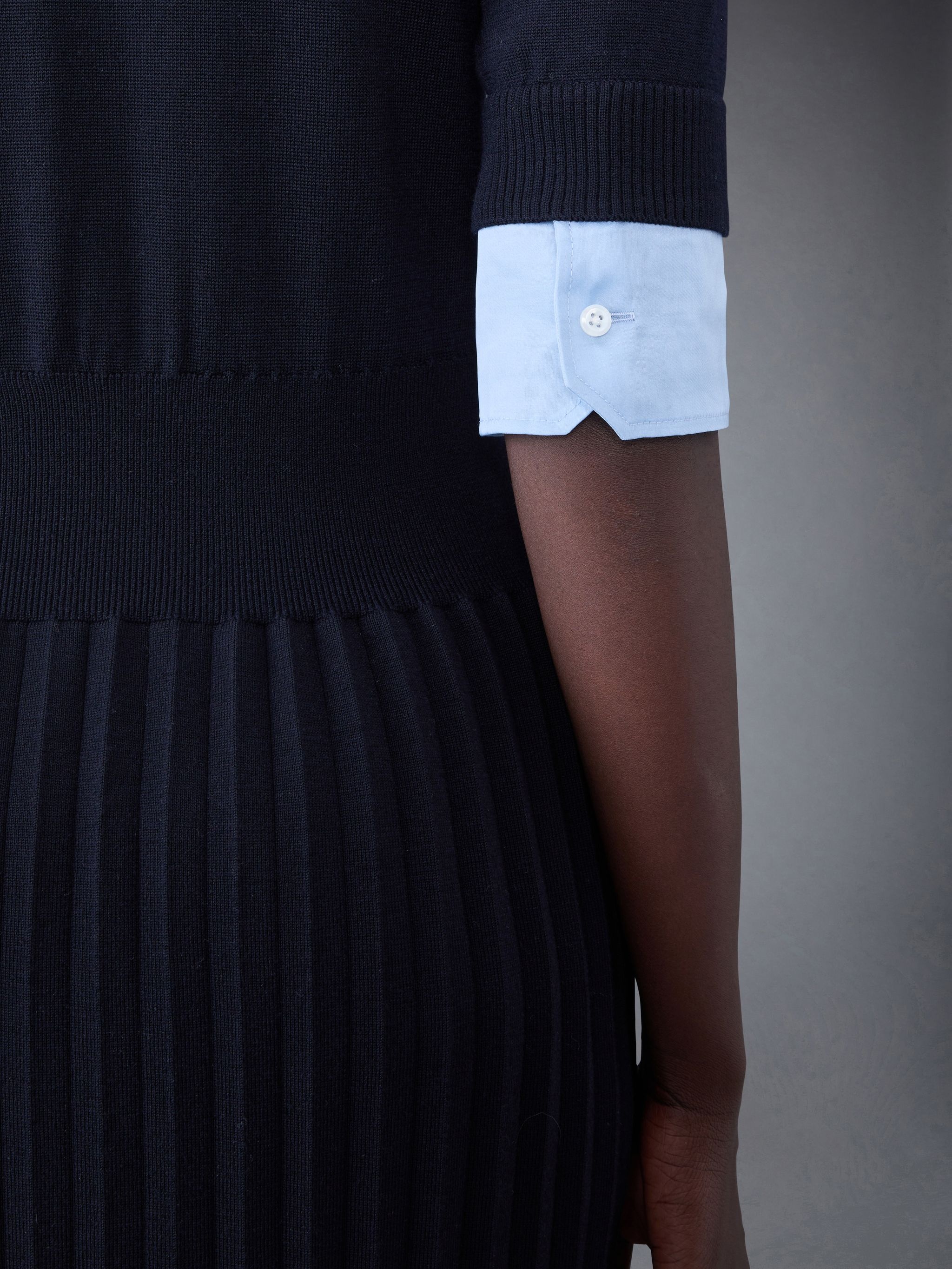 Wool Jersey Organza Pleated Bottom Ribbon Tie Combo Shirtdress - 7