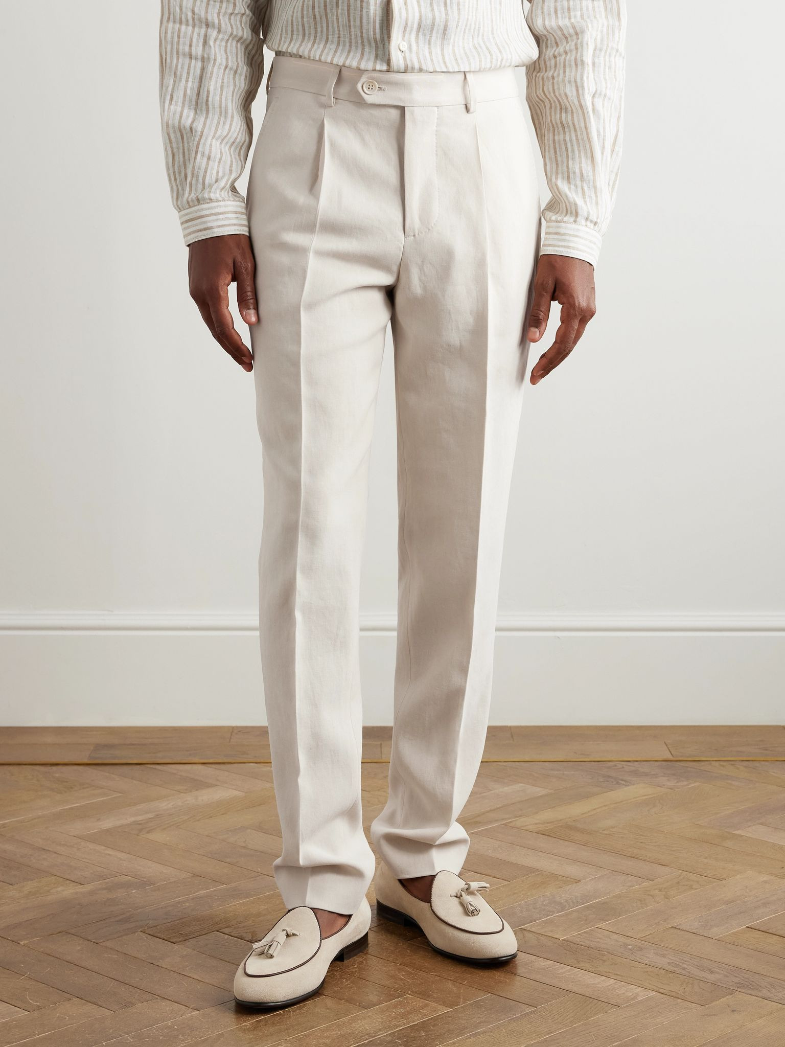 Slim-Fit Straight-Leg Pleated Linen Suit Trousers Beige - 3