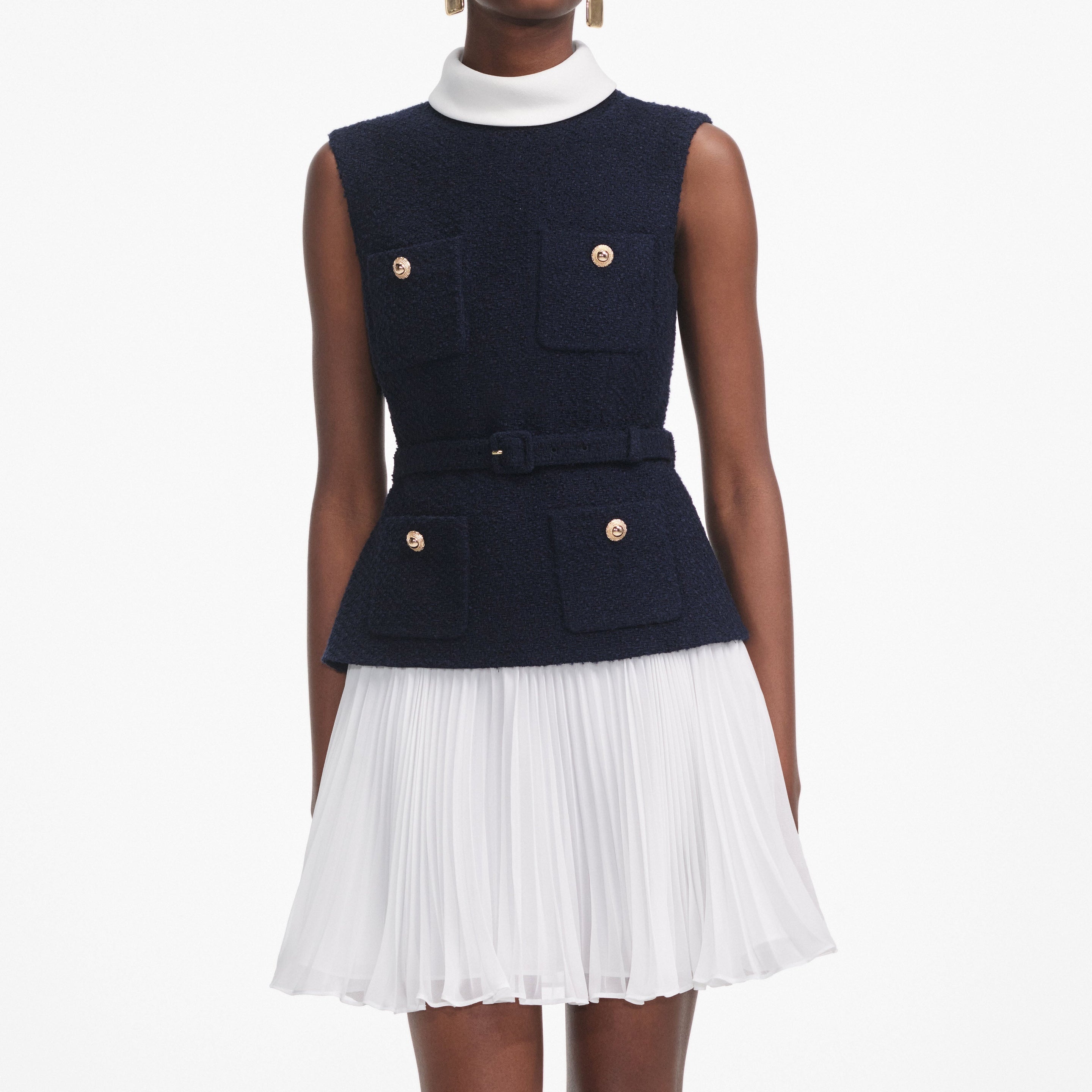 Navy Boucle And Chiffon Mini Dress - 4