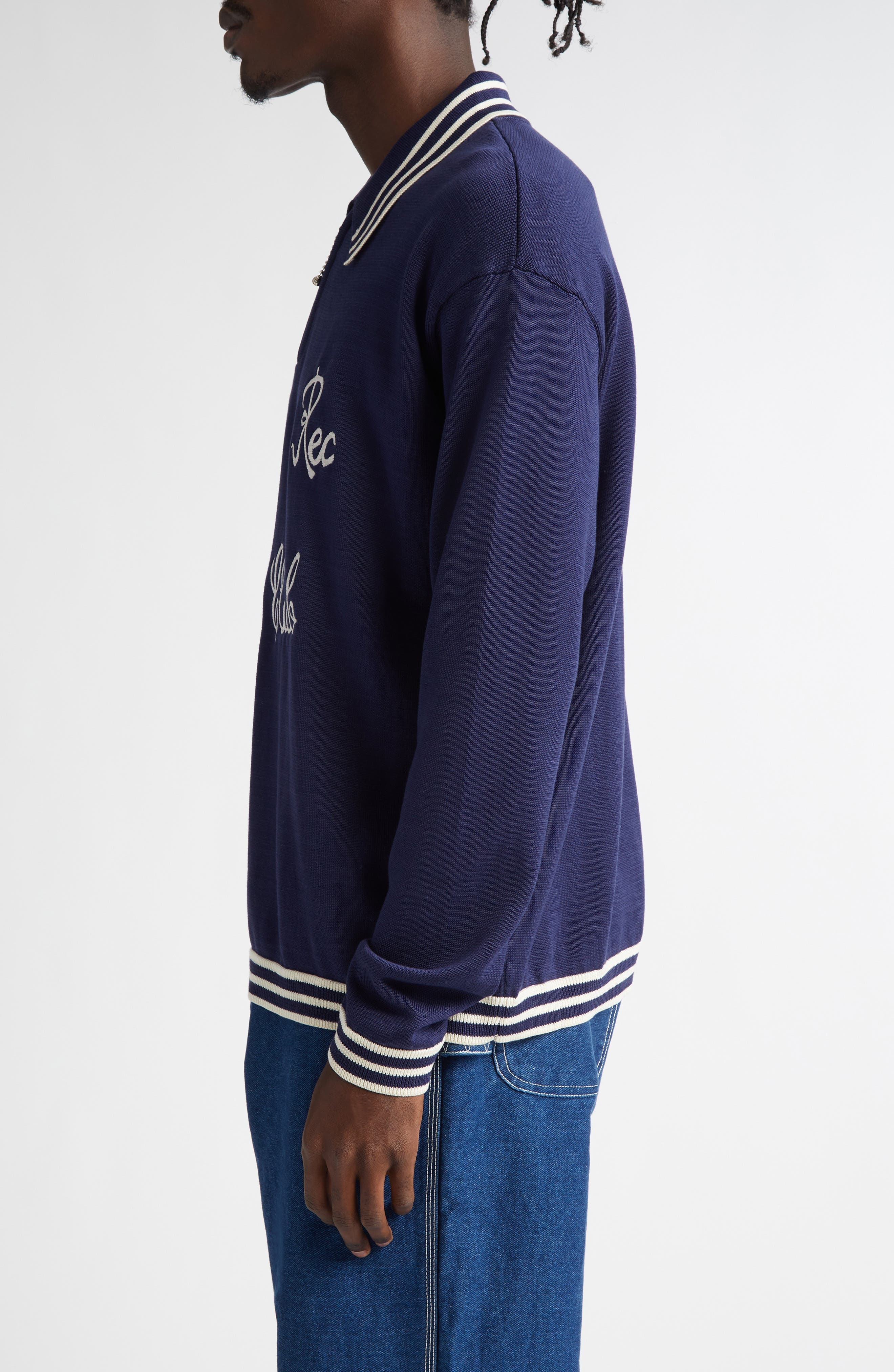 Bode Club Tipped Embroidered Polo Sweater in Navy at Nordstrom - 3