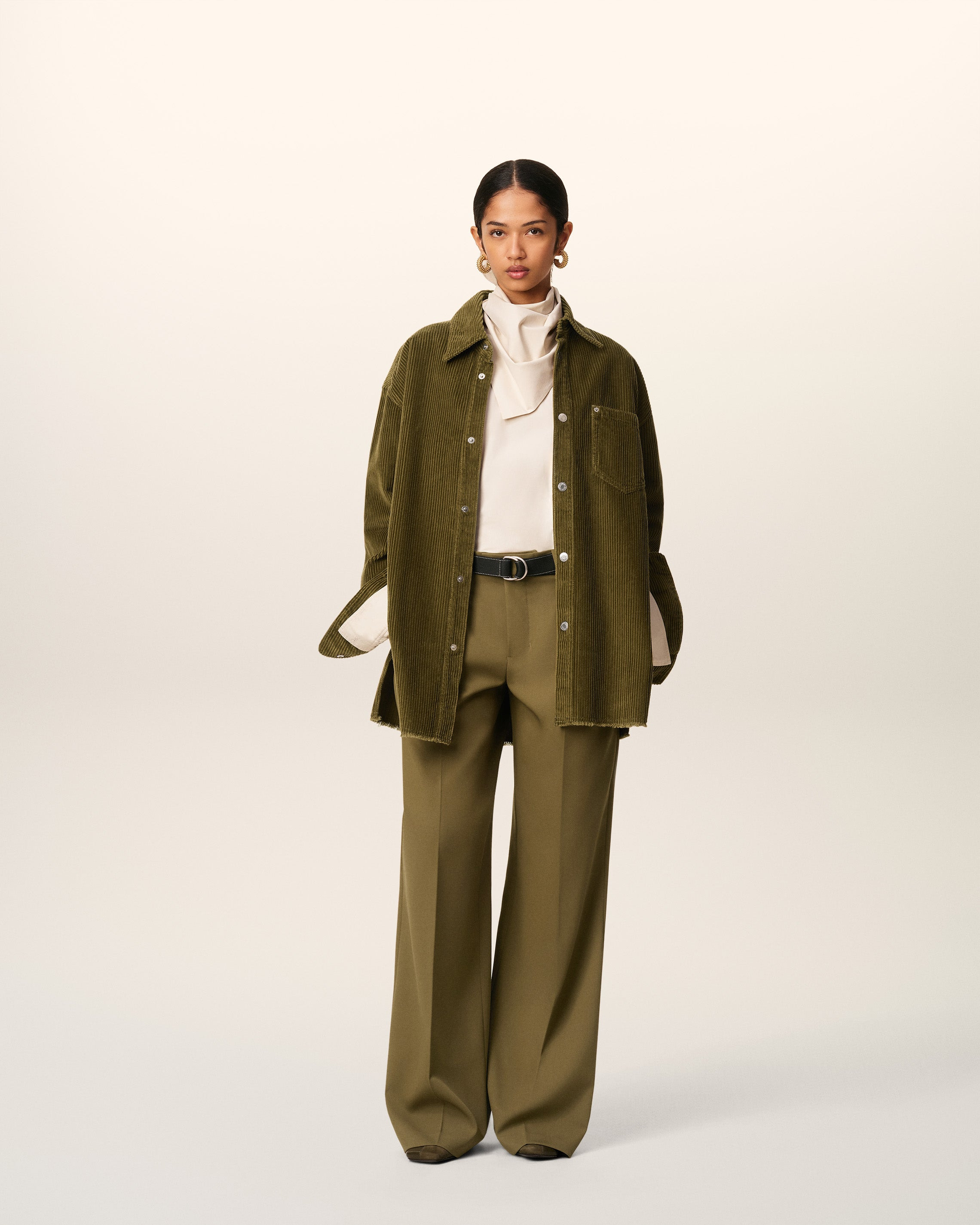 GREEN COTTON CORDUROY SIDE SLIT OVERSHIRT - 2