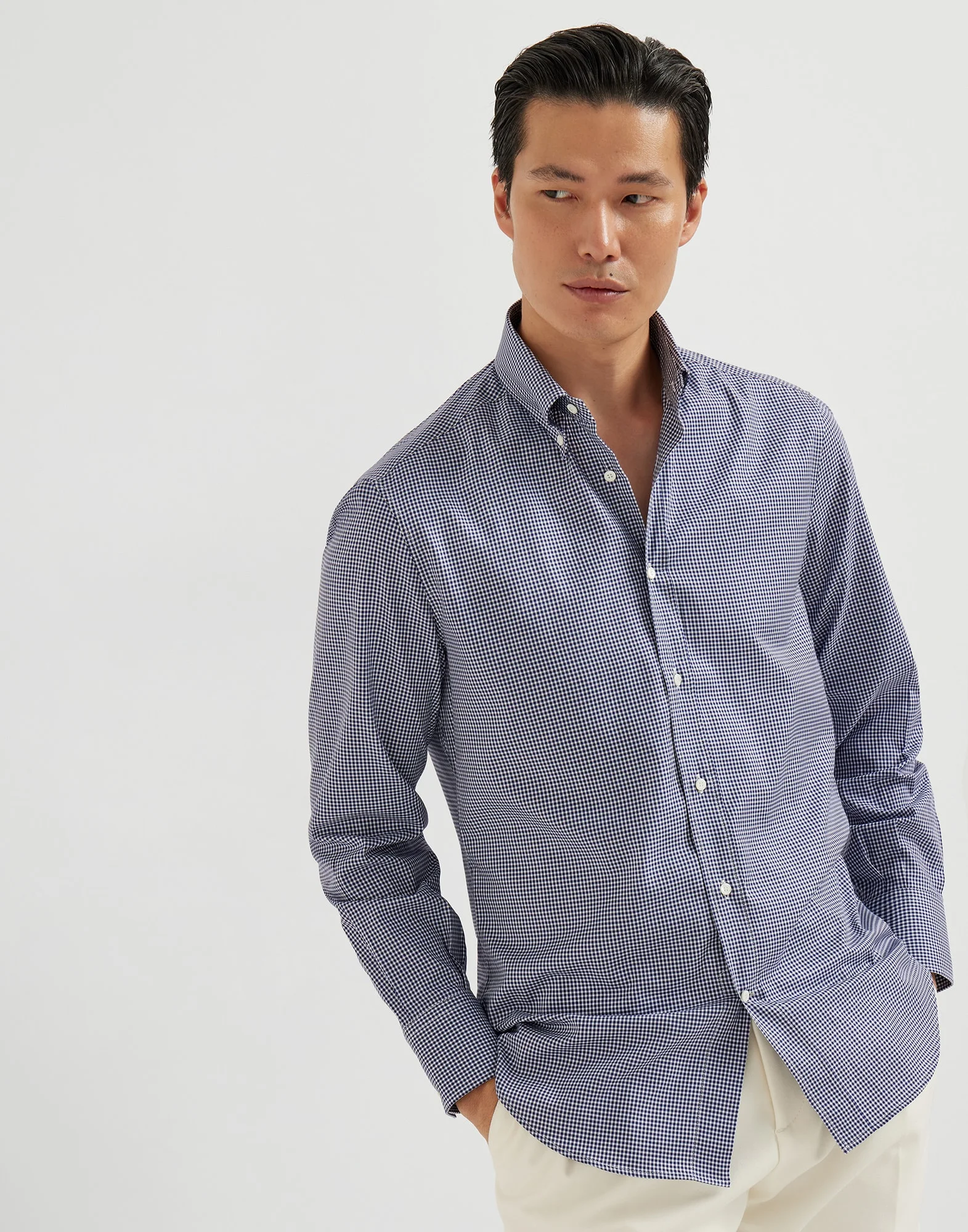 Microcheck cotton basic fit shirt with button-down collar - 1