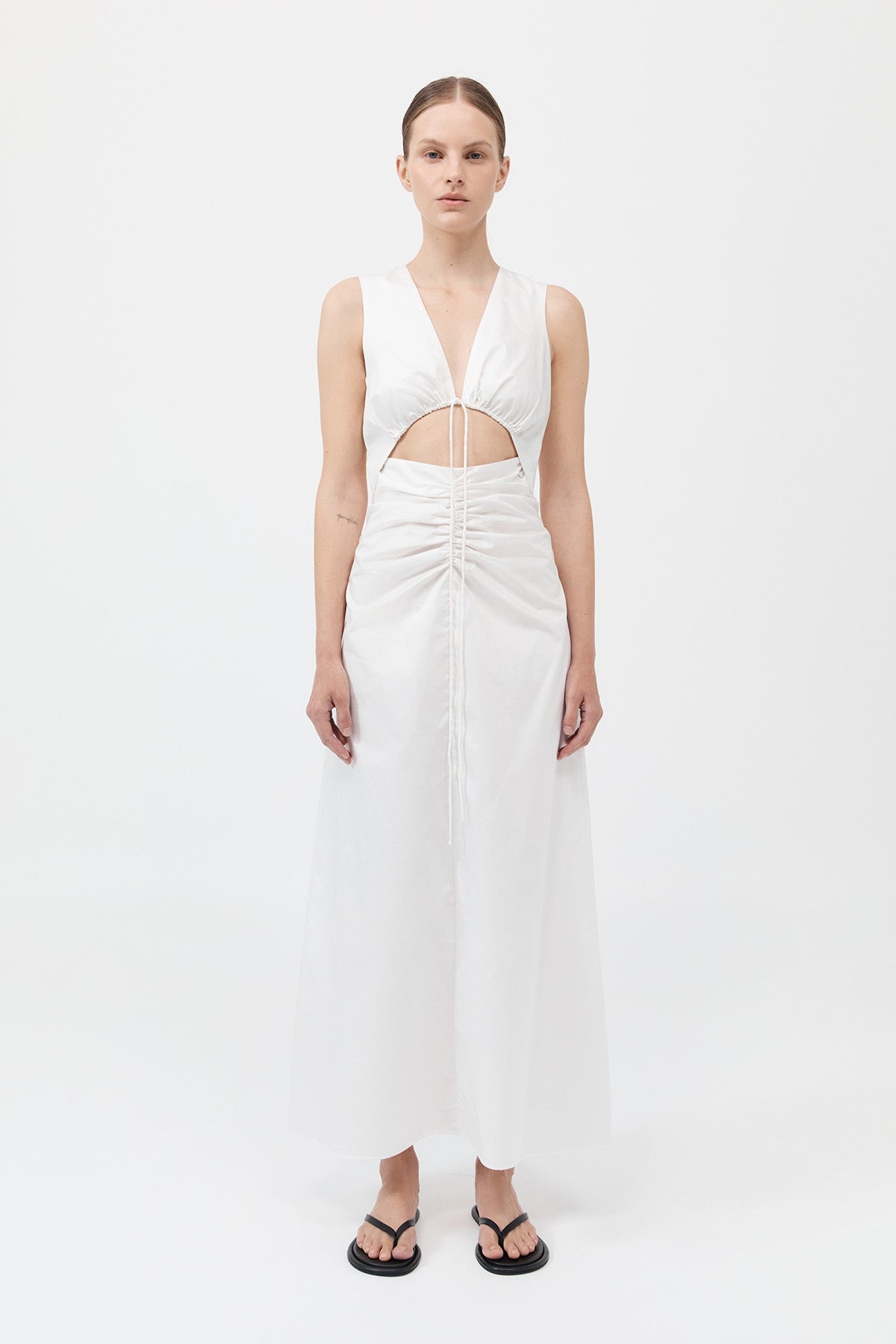 Cotton Gathered Dress - White - 2