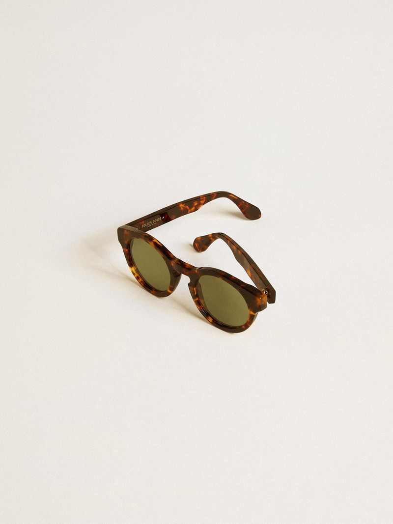 Golden Goose Square style Panthos sunglasses with havana brown frame and green lenses outlook