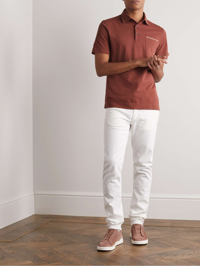 ZEGNA Leather-Trimmed Cotton-Piqué Polo Shirt outlook
