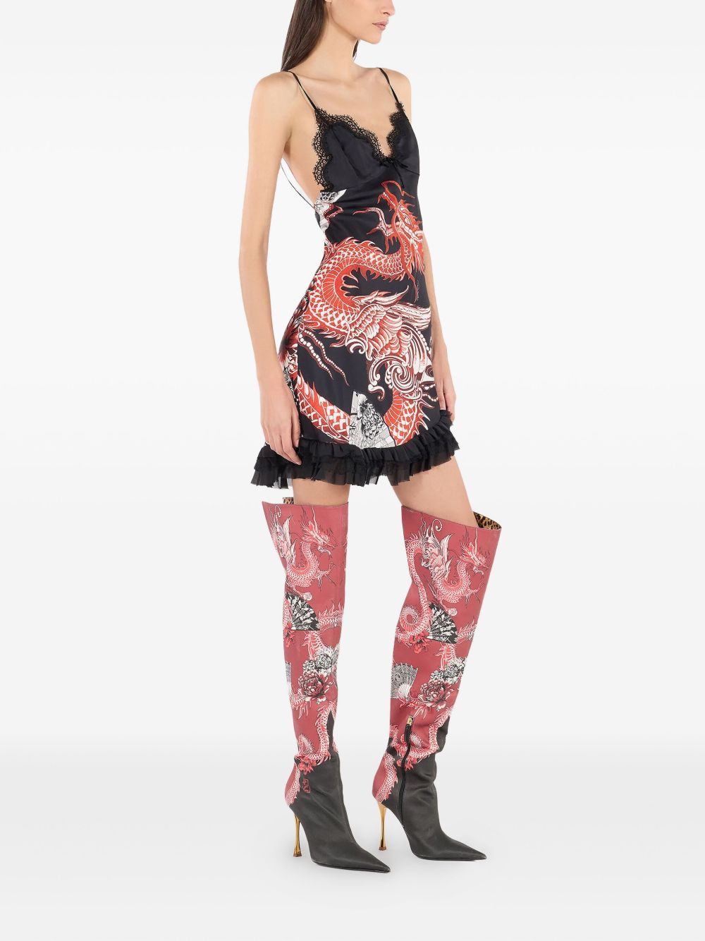 frilled dragon-print mini dress - 3