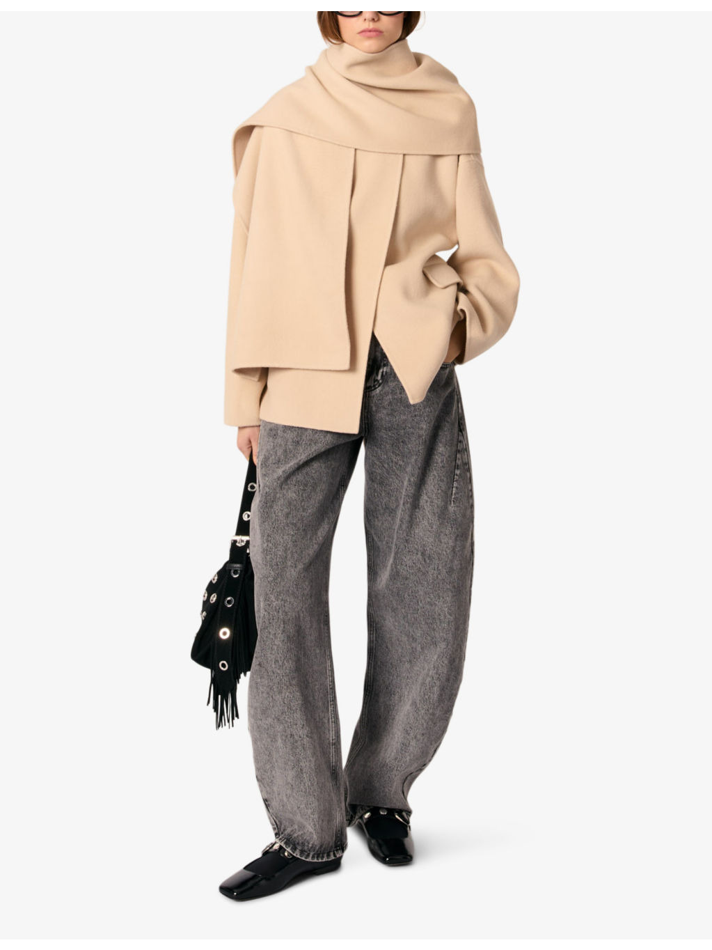 Removable-scarf belted-waist wool-blend coat - 2