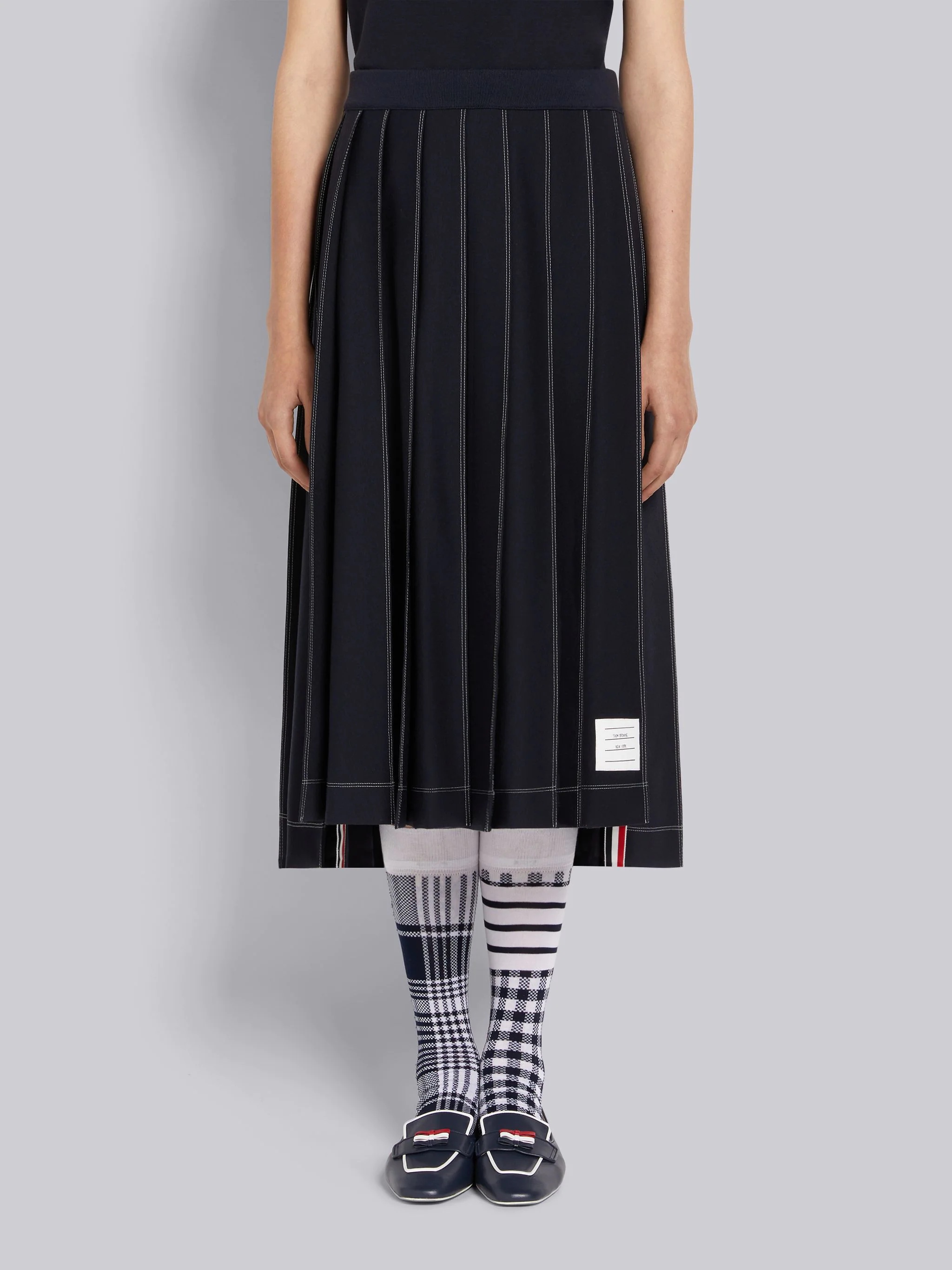 Navy Wool Tech Milano Contrast Stitch Pleated Below the Knee Skirt - 1