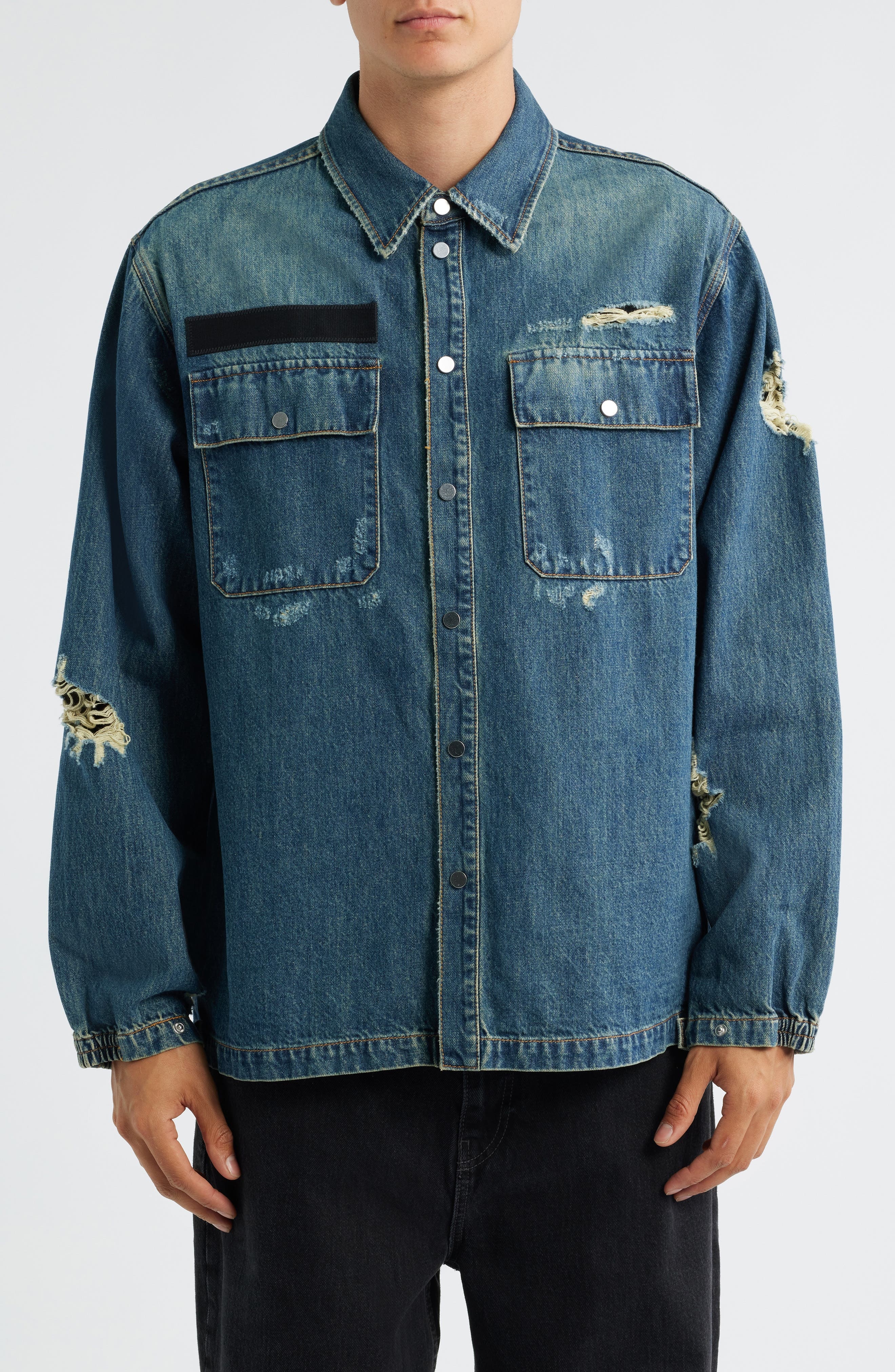 Helmut Lang DIstressed Uniform Denim Snap-Up Shirt in Tinted Vintage - 1