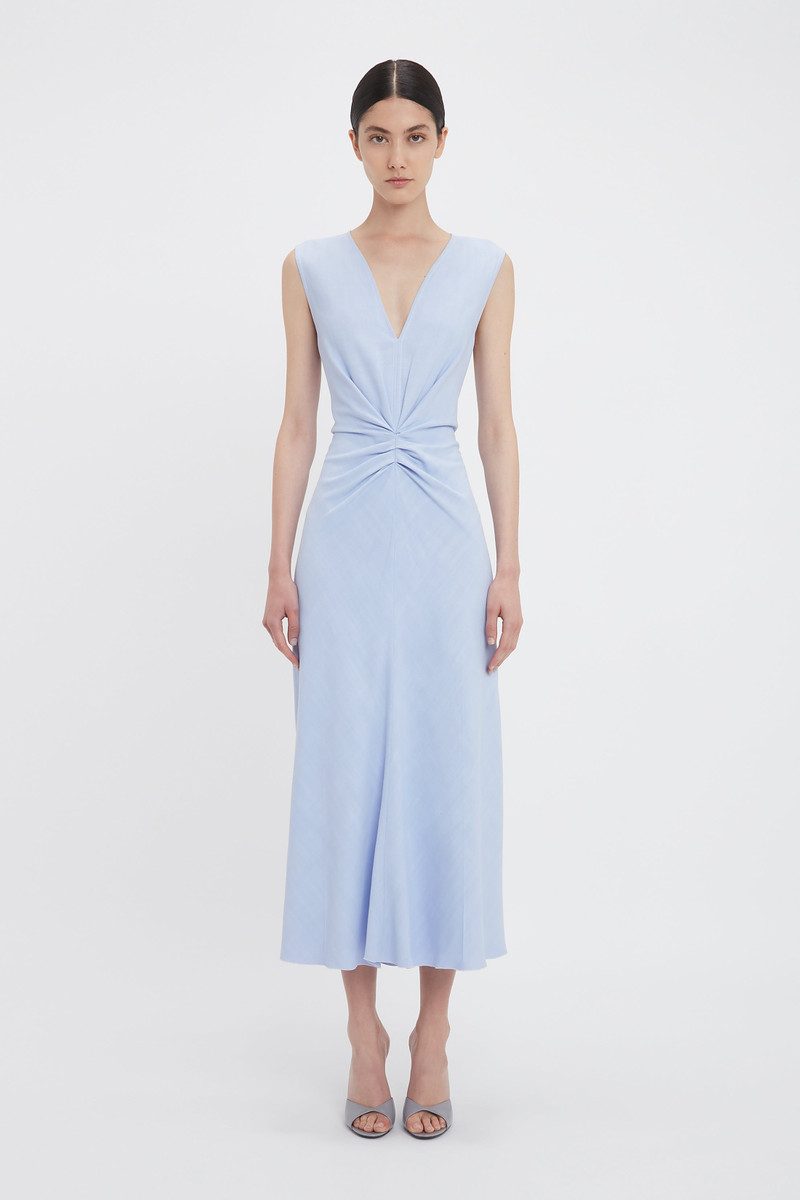 Victoria Beckham Exclusive Sleeveless Gathered Waist Midi Dress In Frost outlook