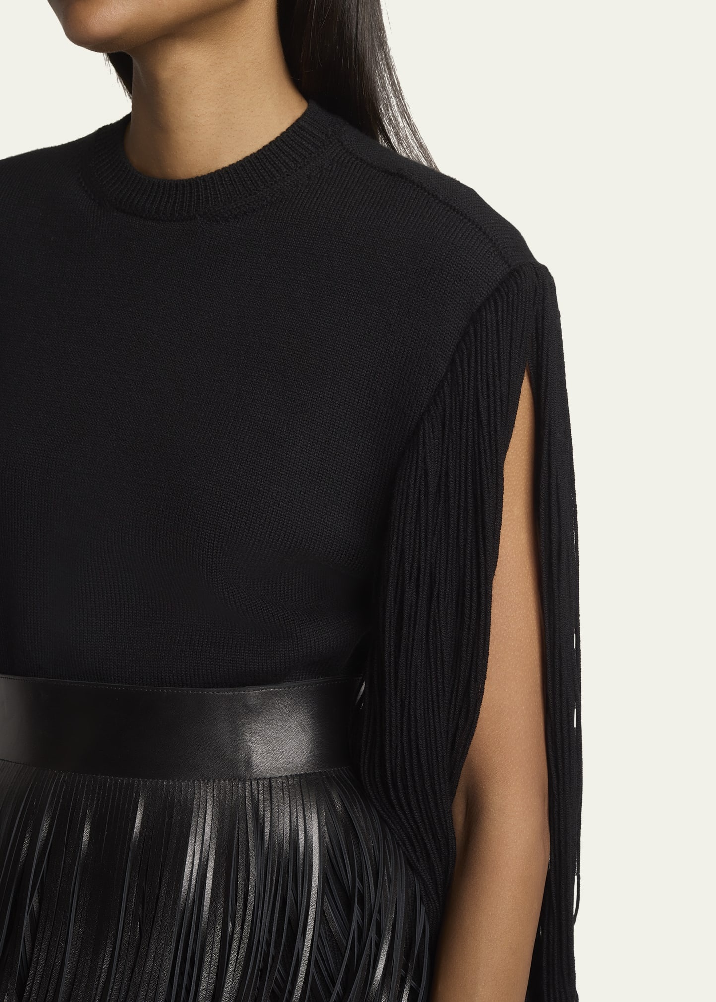 Slit Fringe Sleeve Wool Crewneck Sweater - 5