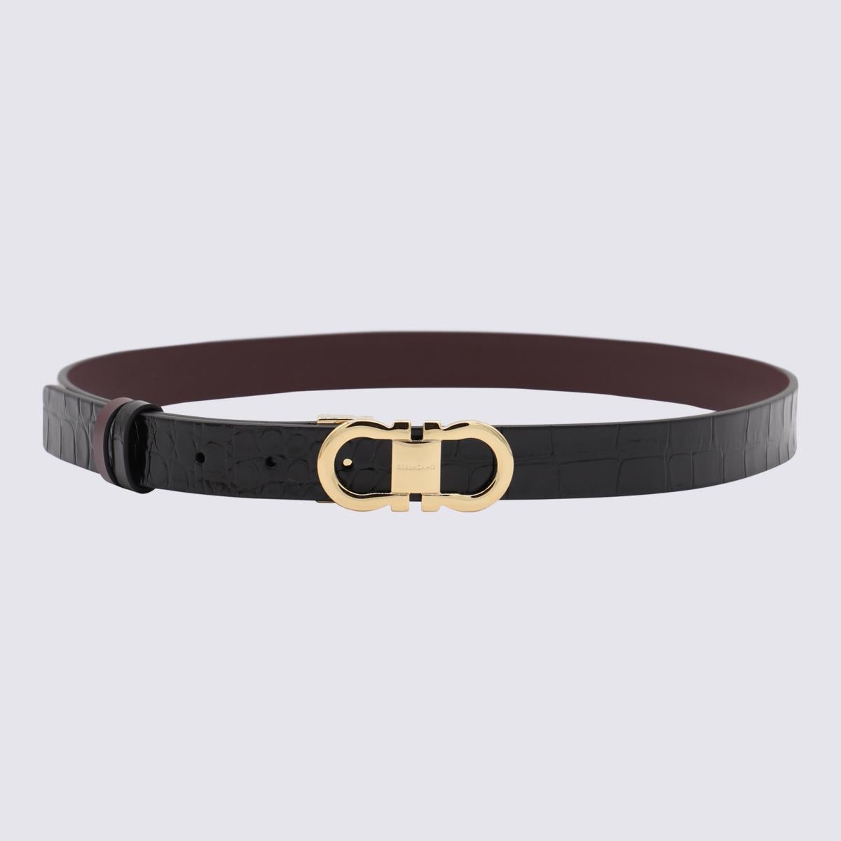 FERRAGAMO BLACK AND DARK BAROLO LEATHER REVERSIBLE GANCINI BELT - 1