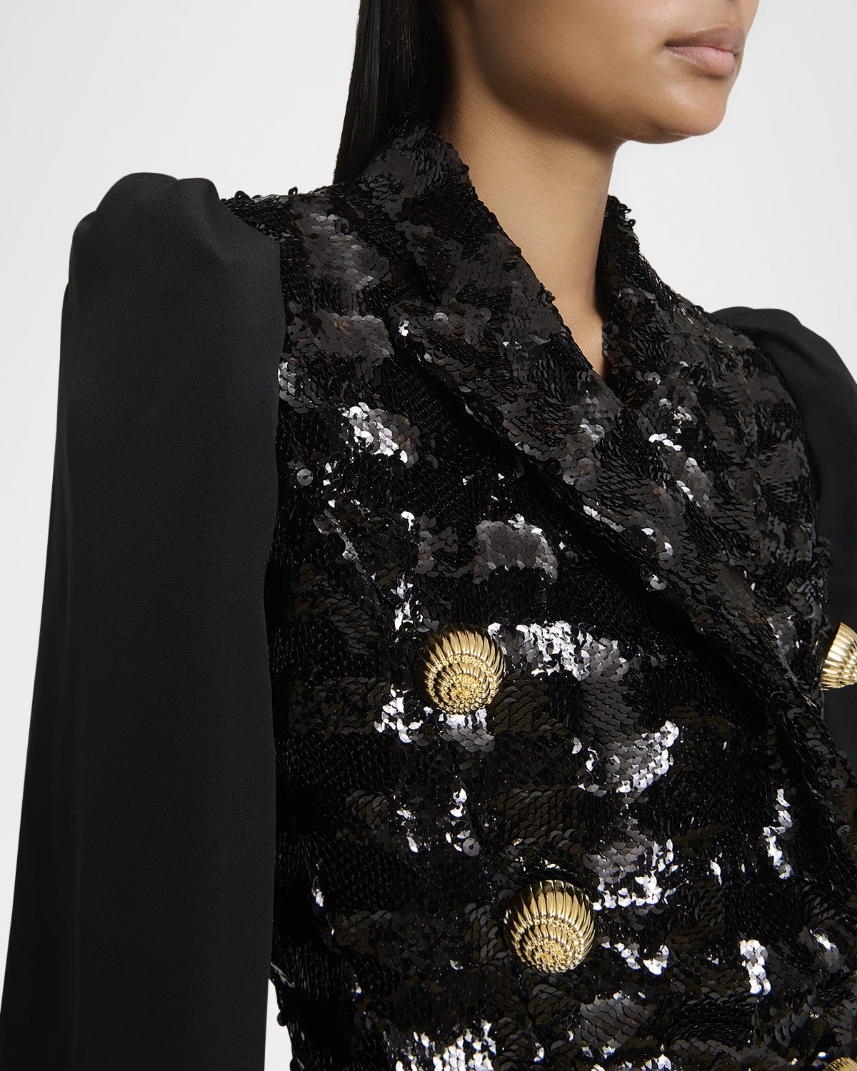 Sequined Double-Breasted Blazer with Muslin Sleeves - 5