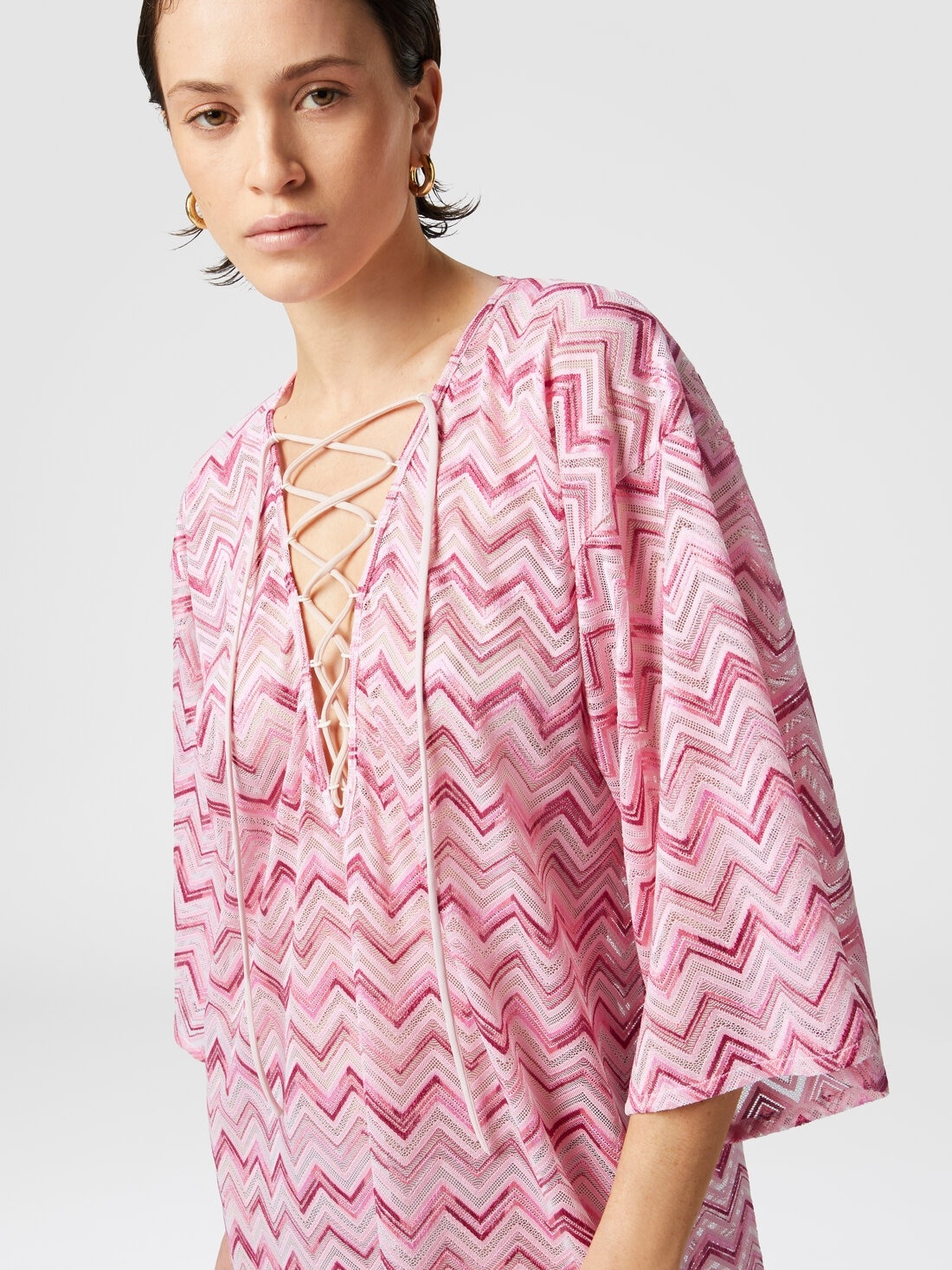 Short viscose-blend tulle kaftan with slub zigzag - 4