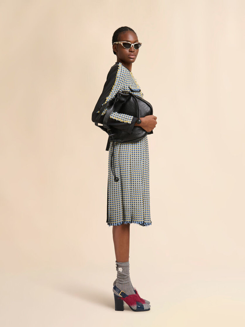 BLUE COTTON TWEED-EFFECT PLEATED SKIRT 5