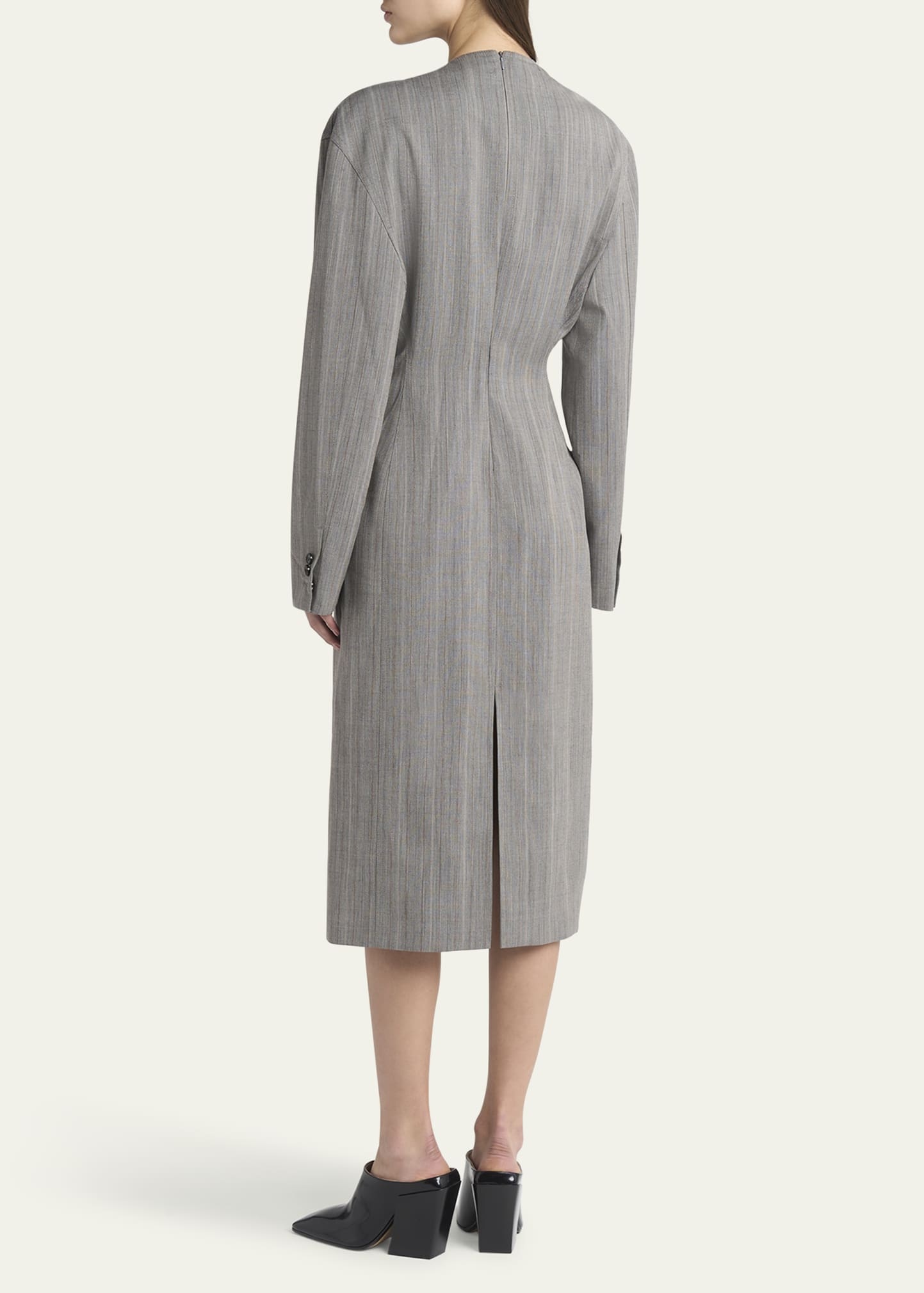 Subtle Stripe Melange Wool Dress with Frog Brooch - 3
