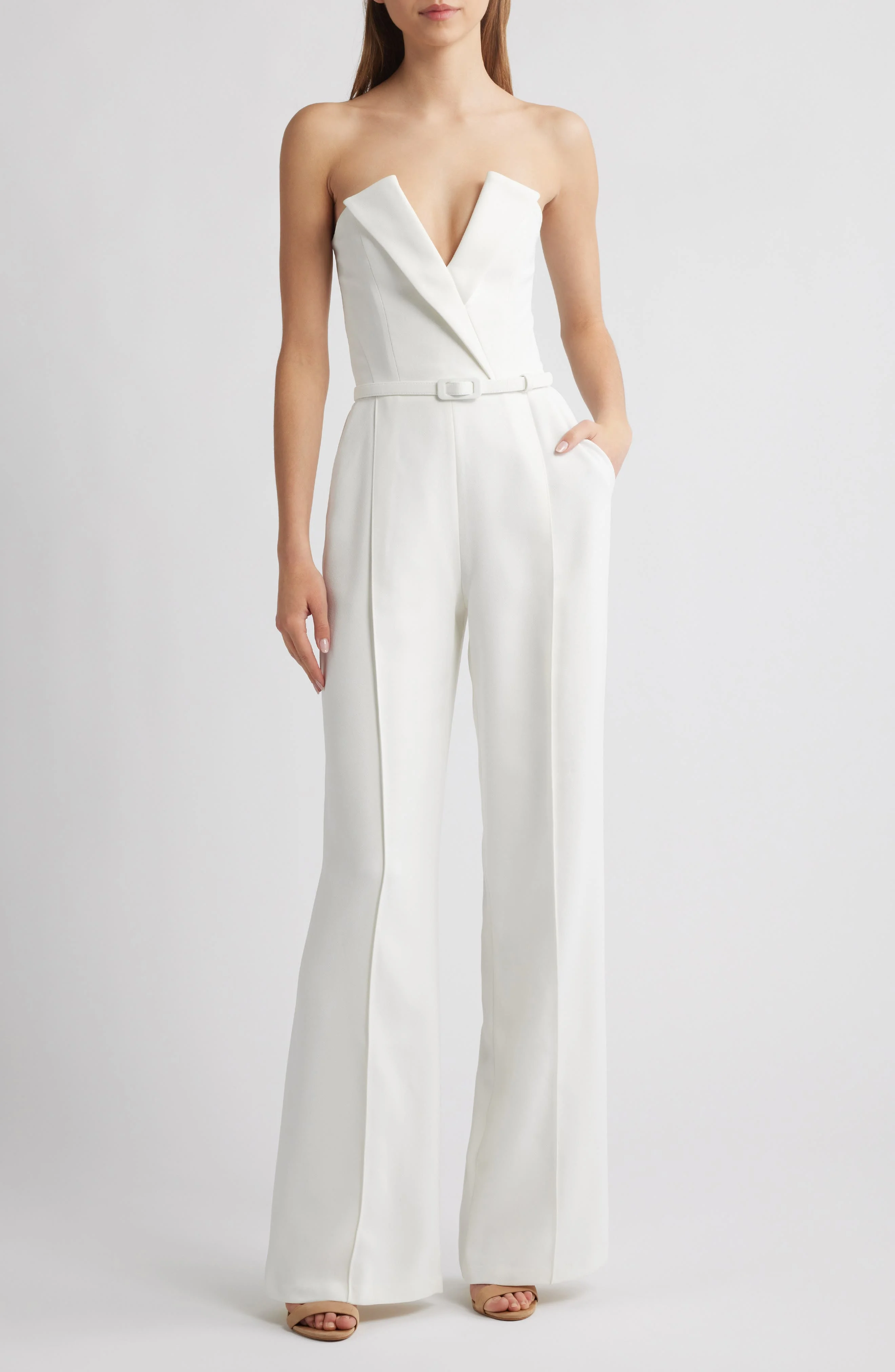 NADINE MERABI Vanessa Strapless Belted Crepe Flare Jumpsuit in White at Nordstrom - 1