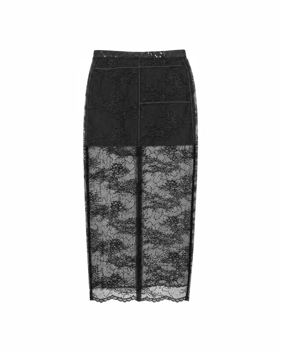 BLACK LACE MIDI SKIRT WITH RHINESTONES - 1