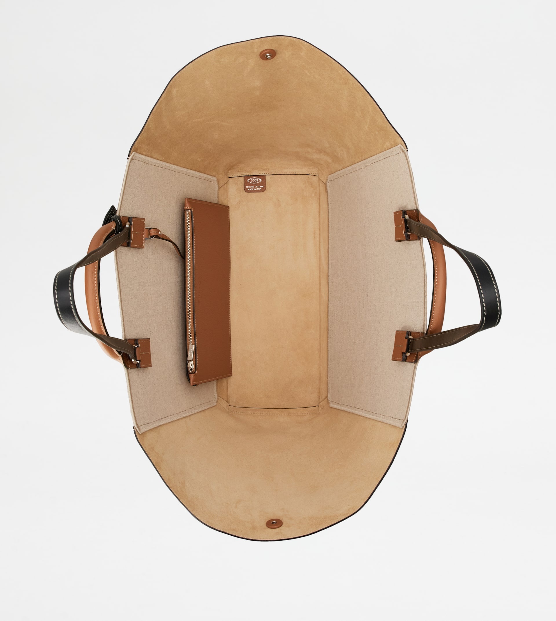 TOD'S DOUBLE UP SHOPPING BAG IN LEATHER AND CANVAS LARGE - BROWN, OFF WHITE - 4